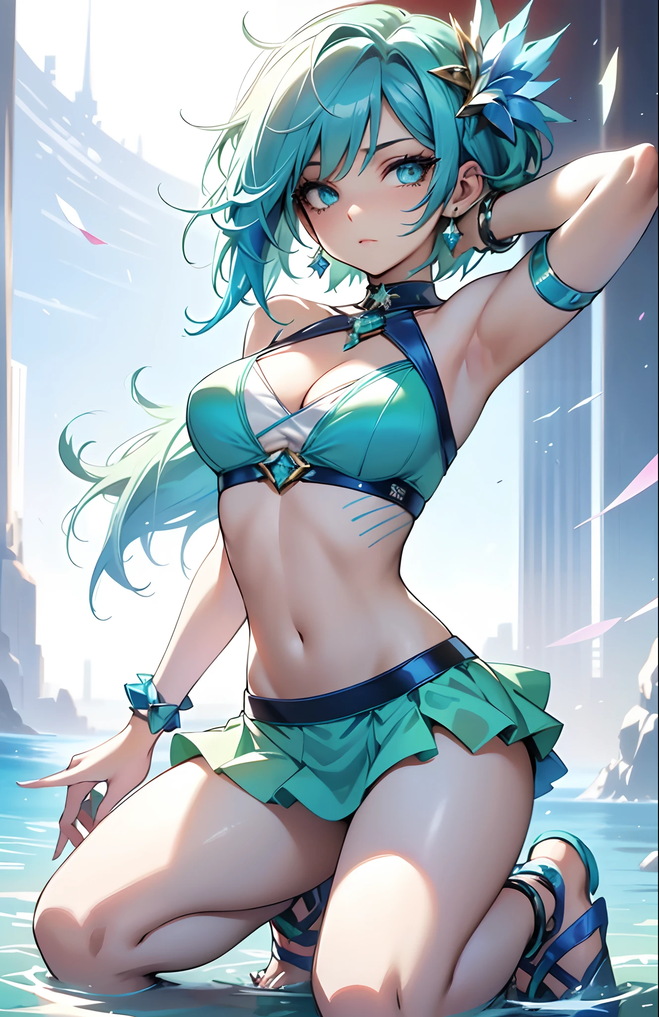 best qualityer,tmasterpiece,Ultimate resolution,downy,Extremely colorful,Colorful,waters,Sexy beauty,Short blue-green hair,blue bikini,huge tit,Crop topping,short skirt,Bare legged,(Kneeling pose),sandals,Blue manicure,Normal posture
