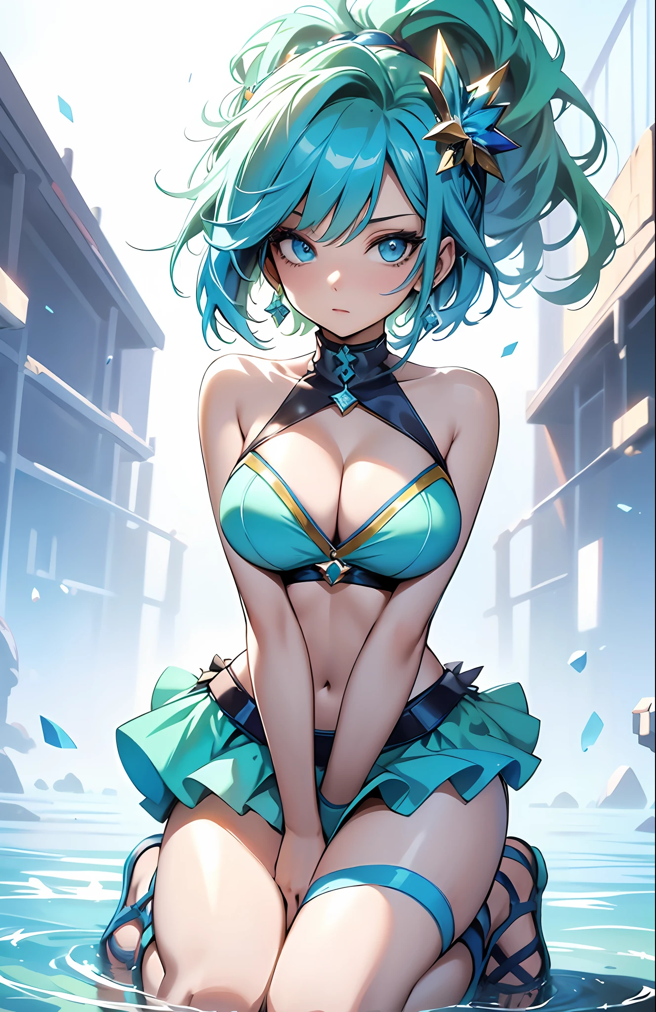 best qualityer,tmasterpiece,Ultimate resolution,downy,Extremely colorful,Colorful,waters,Sexy beauty,Short blue-green hair,blue bikini,huge tit,Crop topping,short skirt,Bare legged,(Kneeling pose),sandals,Blue manicure,Normal posture