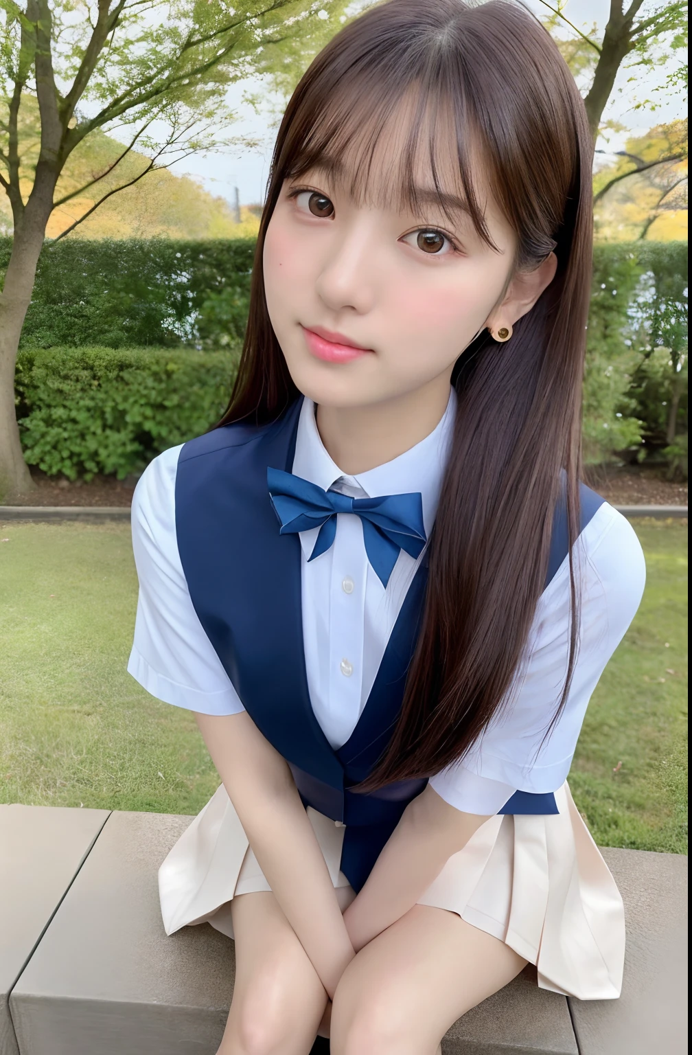 pieces fly、masterpiece、highest quality、Super detailed、High resolution、High resolution、8K portrait、unity 8k wallpaper、Detailed CG、unity 8k wallpaper、Detailed CGユニティ8kの壁紙、realistic、real person、portrait photography、shiny skin、(26 years old)、High resolution、beautiful clear eyes、very detailed explanation、delicate face、nice lips、thin waist、thin legs、1 girl、(school uniform:1.4)、(pleated skirt:1.2)、(dark blue blazer:1.2)、(small breasts:1.2)、(smile:1.2)、(garden:1.2)、(take a pose:1.2)