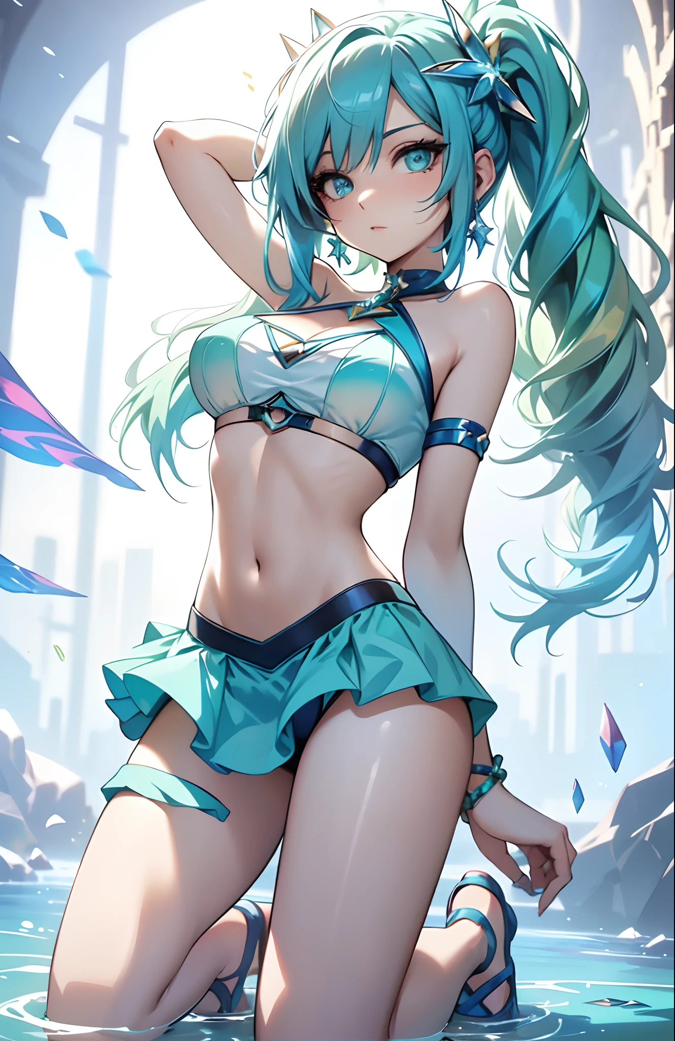 best qualityer，tmasterpiece，Ultimate resolution，downy，Extremely colorful，Colorful，waters，Sexy beauty，Short blue-green hair，blue bikini，huge tit，Crop topping，short  skirt，Bare legged，（Kneeling pose），sandals，Blue manicure，Normal posture