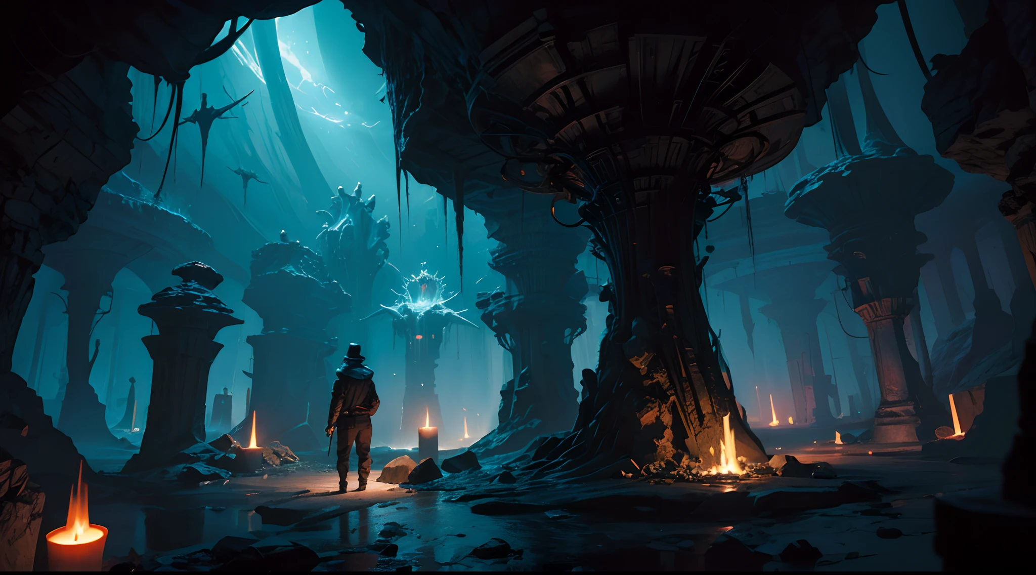 An explorer man inside a cavern. Inspired by Paul Lehr's style. dim lit. macabre. horror. dark. thousand columns. --s 1000