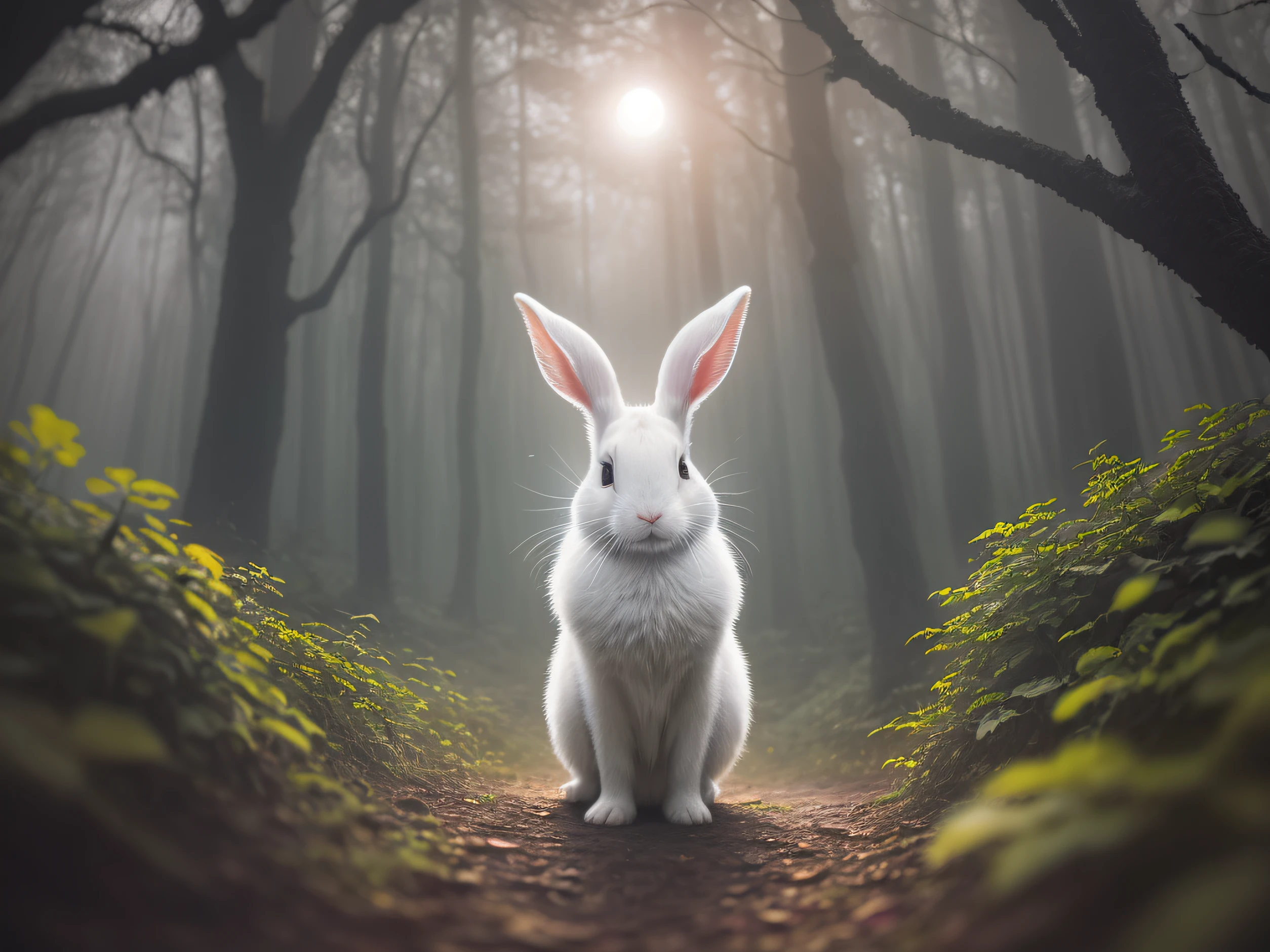 Close-up photo of a white rabbit standing in the enchanted forest，deep in the night，In the forest，Contre-Jour，glowworm，volume fog，Halo，blooms，Dramatic atmosphere，at centre，the rule of thirds，200 mm 1.4F macro shooting