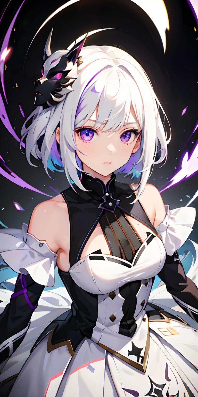 1girl, anime, cute girl, blank background, white background, fantasy, detailed fantasy dress with highlights, beautiful face, beautiful eyes, dark colors, black hair with multicolor streaks, red eye with different color pupil in eye, multicolor eye, medium breasts, slight cleavage, beautiful skin, cute, breast curtains, extremely delicate and beautiful, (beautiful detailed face:1.0), (detailed deep eyes), symmetrical breasts, deep eyes, shiny skin, portrait, slender waist, hips wider than shoulders, thighs, expressionless, young girl, luminous eyes, adorable，（Kpop idol）,（aegyo sal：1），（Platinum blonde hair：1），（（puffy eye）），Black panty，sexy posture，Superskirt, Ultra-high resolution，Black collar，slim figure, Abdominal y tattoo, womb tattoo，Tight-fitting leg ring，y tattoo on half-body，Bare skin, Armored hand，Hidden fingertips，Hand covered，Arm covered，Fist covered,{{beautiful detailed fingers}}, tufts of hair, moderate beautiful breast:1.0,(masterpiece:1.2), best quality, high-res, HDR, perfect face, intricate armor, delicate blue filigree, intricate filigree, red metalic parts, detailed part, dynamic pose, dynamic lights, cute face, neutral expression, shuimobysim, lotus, hanfu, maxi skirt, dress conservatively 1girl, solo, long blue hair, standing, One lady,years,((White hair) ,((Normal breasts)), (Shiny purple bodysuit with microskirt),((Fantasy, Moon Night))