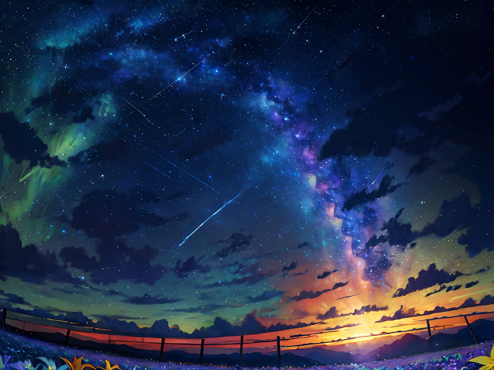 (zoomed out:1.1), (meteor shower:1.2), (comet:1.1), low angle, aroura borealis, shooting star, best quality, masterpiece, cloud, colorful, starry, stars, night, flower field, flower blossom, night sky, beautiful flowers, night theme,