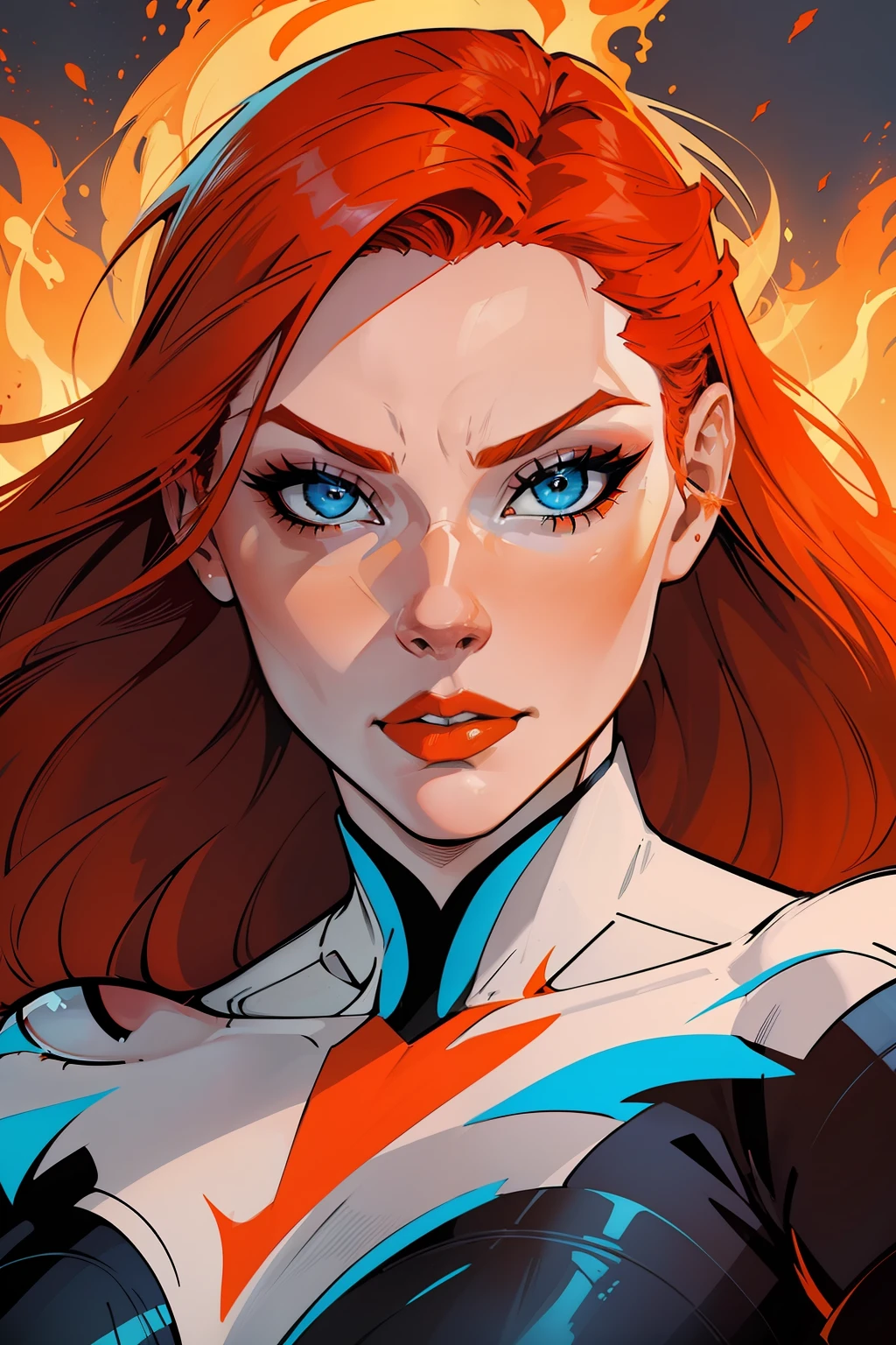a woman with red hair and grey eyes and a white face, beautiful comic art, orange fire/blue ice duality! , martin ansin artwork portrait, by Galen Dara, gorgeous art, stunning art style, martin ansin, lois van baarle and rossdraws, cyan and orange, fire and ice, beautiful artwork, ice and fire
