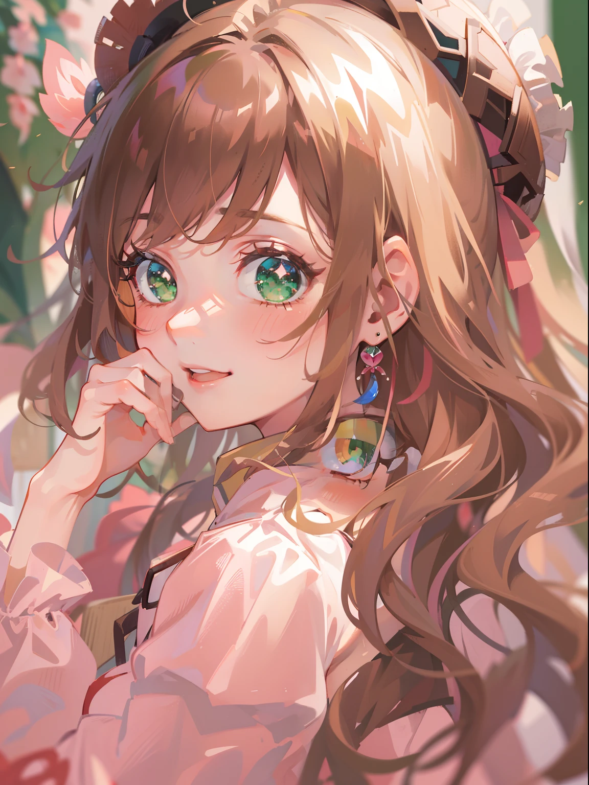 (masterpiece), best quality, ultra high res, sharp focus, ((1 woman, solo)), (warm pastel color), 
pink tone, perfect feminine face, upper body, medium long shot, MLS, background blur only focus on face, beautiful detailed hair, chesnut brown hair, long hair tumbles down, ((beautiful shape eyes, green eyes)), beautiful detailed face, smiles warmly, look at the viewer, coquettish clothes