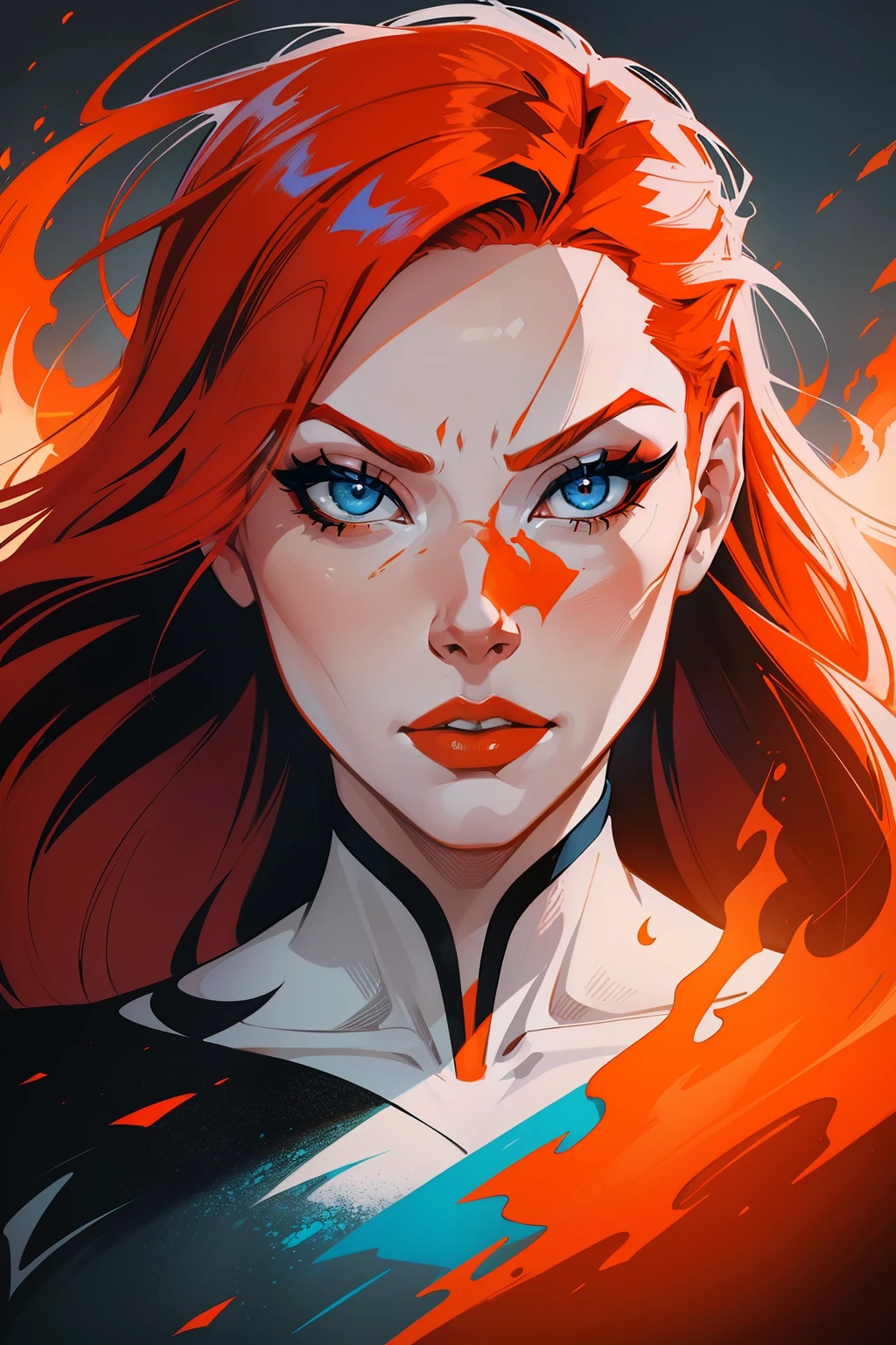 a woman with red hair and grey eyes and a white face, beautiful comic art, orange fire/blue ice duality! , martin ansin artwork portrait, by Galen Dara, gorgeous art, stunning art style, martin ansin, lois van baarle and rossdraws, cyan and orange, fire and ice, beautiful artwork, ice and fire