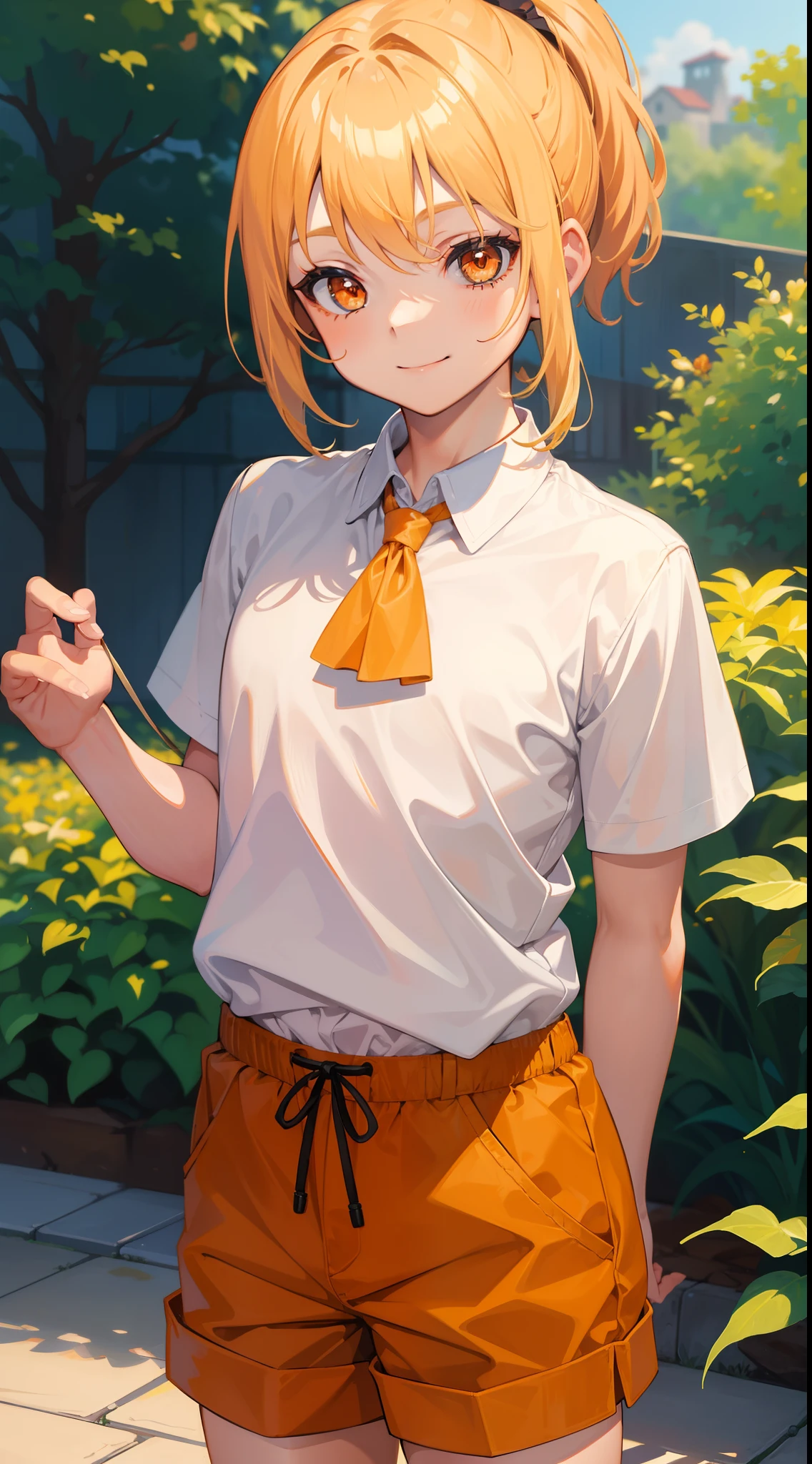 little boy, short blonde hair, high ponytail, Orange Eyes, Smile, Aristocrat's shirt, Shorts, Masterpiece, hiquality