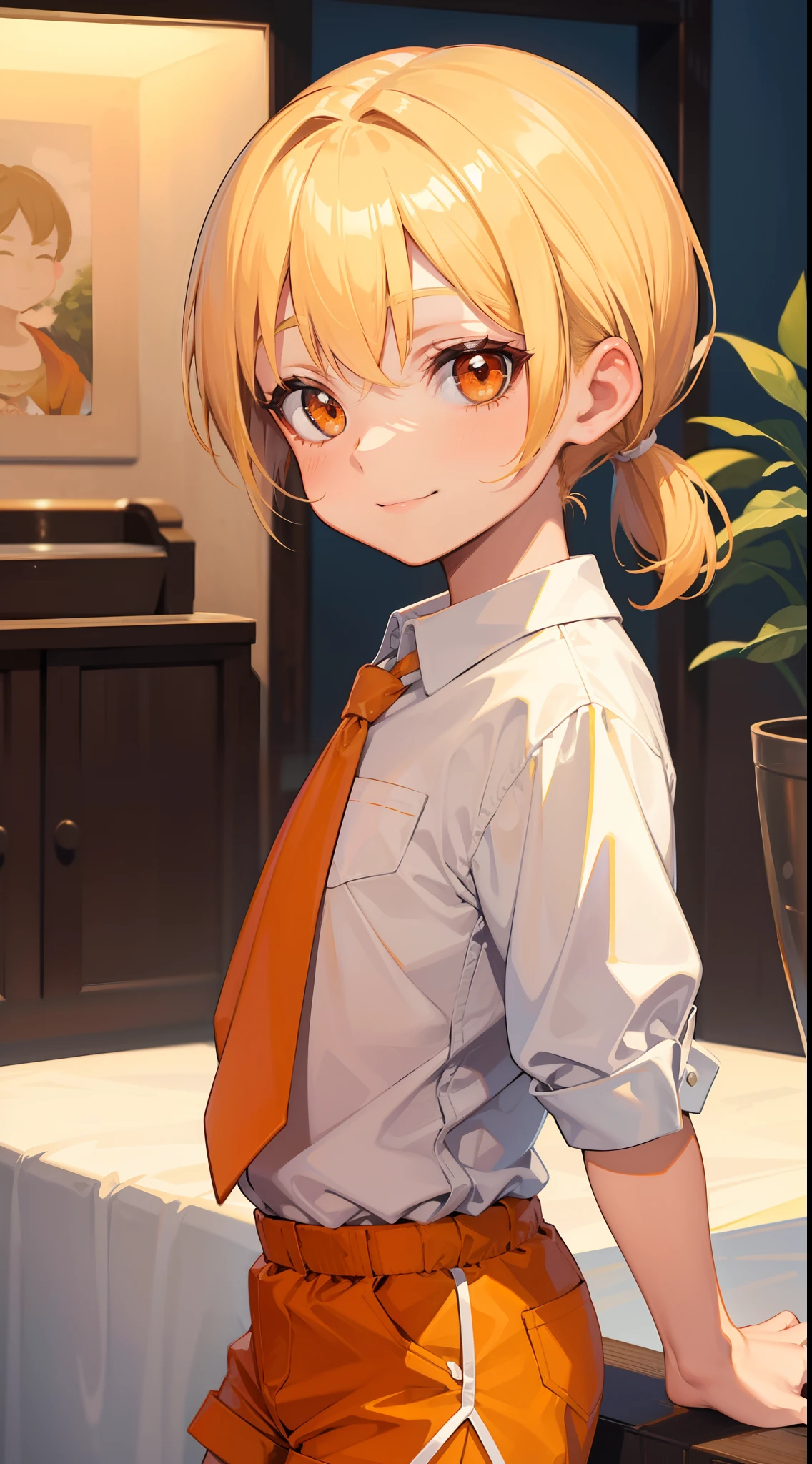 little boy, short blonde hair, high ponytail, Orange Eyes, Smile, Aristocrat's shirt, Shorts, Masterpiece, hiquality