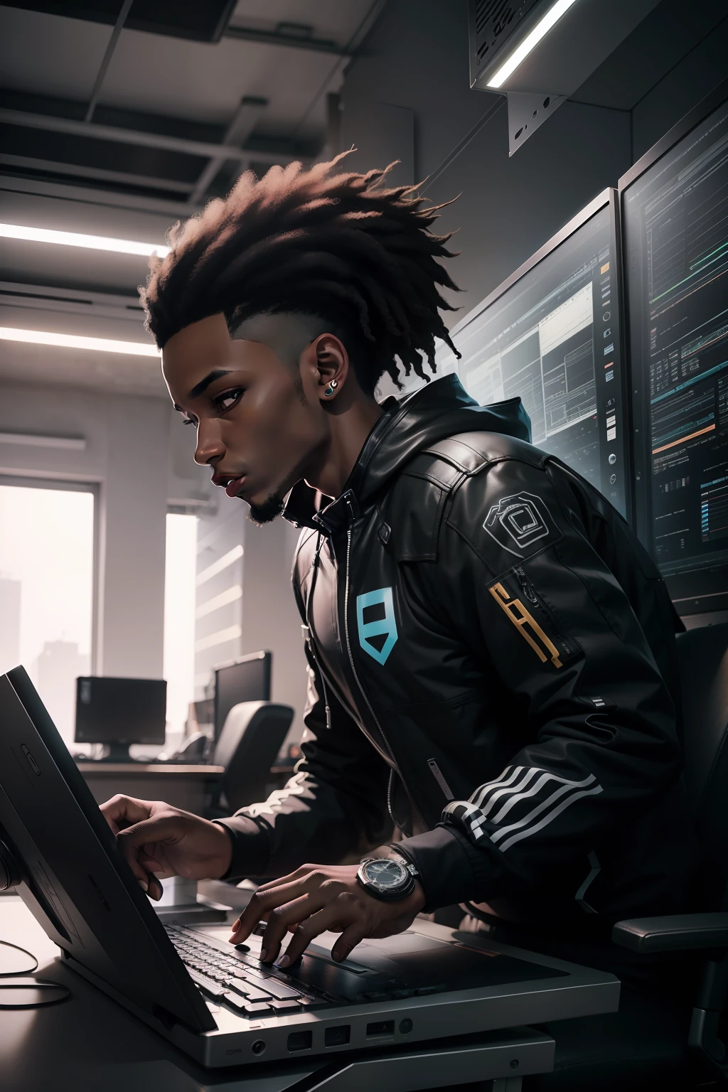 black graphic designer with computer with gear flying beside
