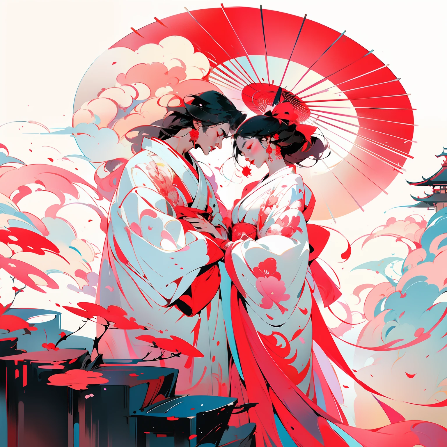 anime couple in kimono dress, nice face, perfect body, kissing under umbrellas, in front of red and white background, guweiz on pixiv artstation, guweiz, krenz cushart and wenjun lin, guweiz on artstation pixiv, artwork in the style of guweiz, flowing white robes, ross tran and bayard wu, onmyoji detailed art