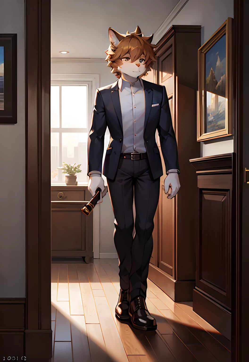 (Furry art,Uploaded on e621:1.4),(tmasterpiece:1.3),(best qualtiy:1.2),(2D:1.0),(illustratio:1.0),(Sharp:1.2),(Light_environment),(Pubic area is clear,Shiny:0.8),(impasto:1.1),(ultra - detailed:1.0)(1boys,Solo exhibition),(shaggy:1.6),(catss:1.2),(Robust)(Tall)(Strong)(shorter pants)(male people)(The large)(Handsome)(Strong)(Long knife in hand)