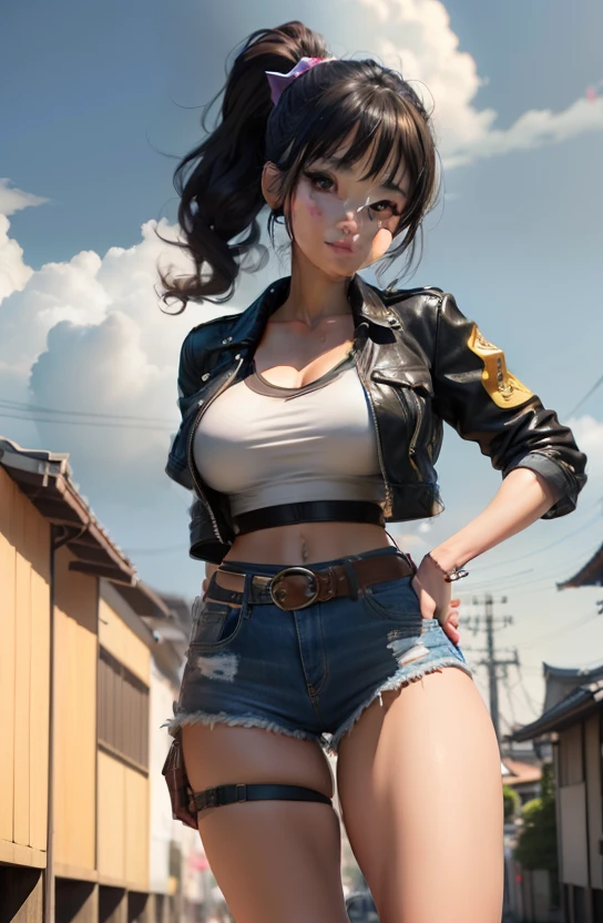 、Cool face、hyperdetailed face、Large, Clear eyes、Photos of bad gals((top-quality、8K、masterpiece:1.3))、full body Esbian、focus clear:1.2、Excellent style:1.4、masuter piece、(Realisticity: 1.2)、(Photorealsitic:1.37)、
realisitic、realisticlying、Raw foto、hyperdetailed face(Brown ponytail、Cute Japan gal face、Idol's smile、hyper detailed background(blue-sky、In town、)、Ultra-detailed costumes(Leather jacket、Sheer tank top、a belt、Taut denim shorts)、Detailed body(large full breasts、Carnal thighs)、Detailed skin、Dynamic Poses、A tall、