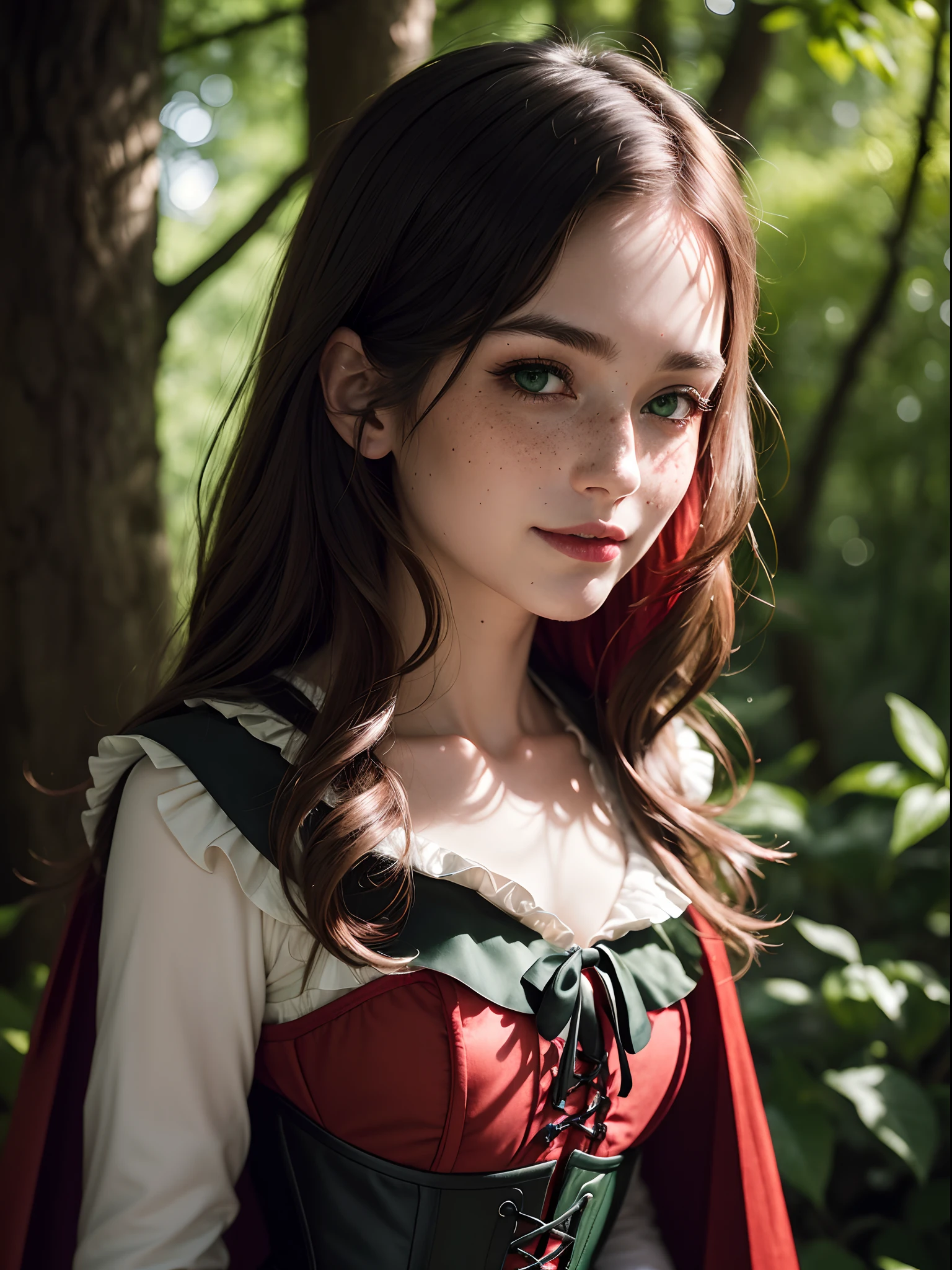 ((Masterpiece:1.4)), (high resolution:1.4), (close up:1.8), , at the forest, RedHoodWaifu, red ridinghood, (emerald green eyes, light brown hair:1.2), (freckles:1.2), dress, (red hood, cape:1.3), (black corset:1.5), (red skirt:1), (fruit basket), beautifull smile, beautiful face, highly detailed skin, skin pores, (highly detailed face:1.1), (highly detailed eyes:1.1), realistic pupils, full face blush, full lips, (perfect anatomy:1.1), (perfect proportions:1.1), (photography:1.1), (photorealistic:1.1), volumetric lighting, dynamic lighting, real shadows, (highres:1.1), sharp focus, daylight, (realistic, hyperrealistic:1.4), intricate, high detail, dramatic, subsurface scattering, big depth of field, vivid, polished, sharpened, ((full Sharp)), (extremely absurdres),16k hdr,