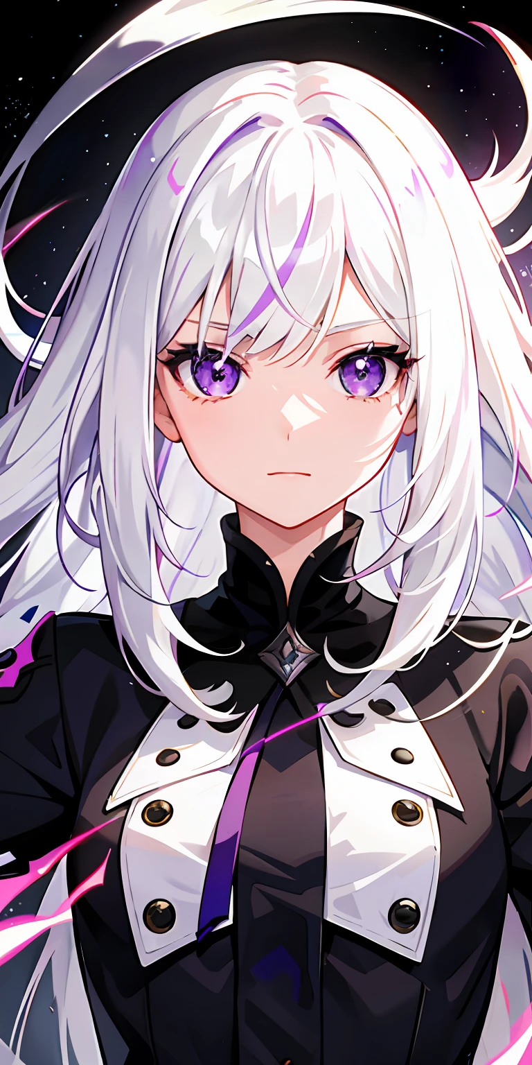 1girl, white hair, multicolored hair, purple eyes, mask on head, sidelighting, light particles, wallpaper,