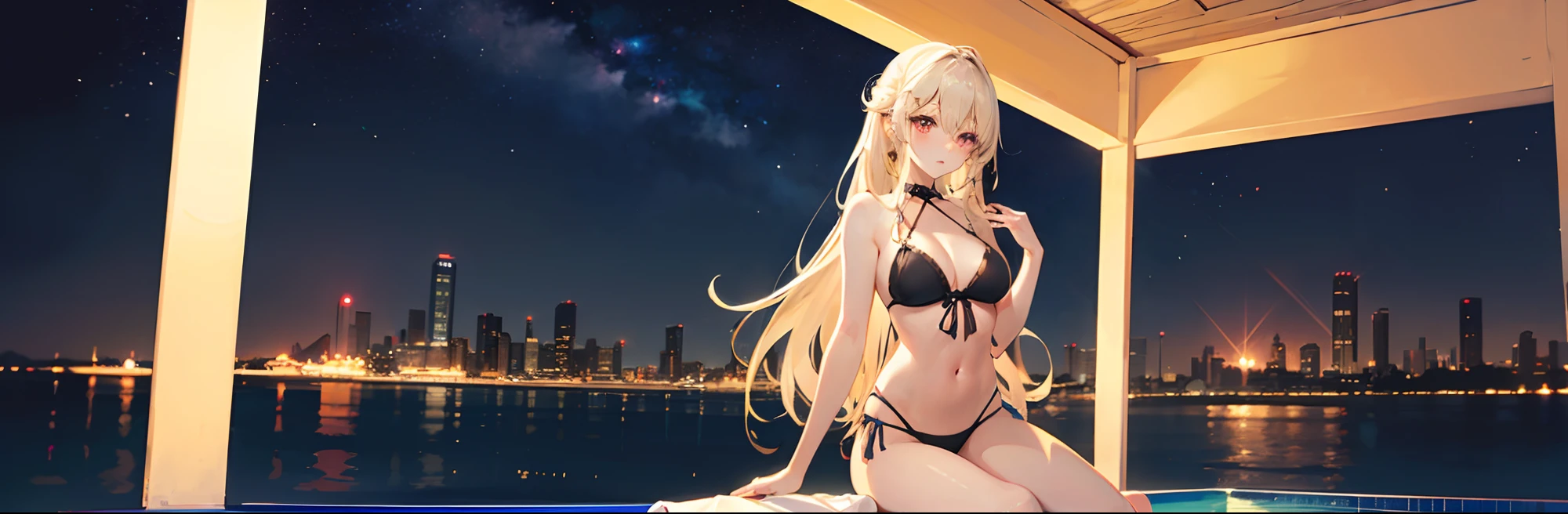 ((Best Quality)), (Ultra-detailed), ((Extremely detailed)), (Beautiful), ((Kawaii Girl)),(two side up hair).,Platinum Blonde Hair,Long hair, hair between eye, Wavy Hair, Long sideburns,Jade-colored eyes, White skin,Normal Chest,Slender body,Cross Halter Bikini,Sandals,background a pool, Night, Night view of New Tokyo City, Starry sky, Neon light,,Look Camera