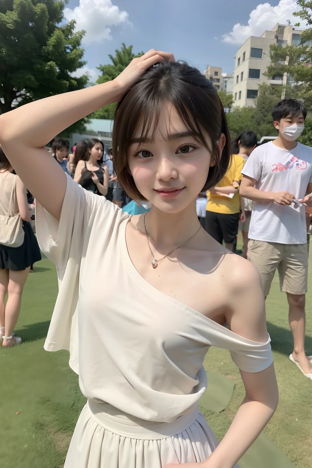 Photo Real、photoRealstic Beige hair、Short hair、Decorated hair、Tied hair The contours of the face are round、drooing eyes、big eye、Young Face、a baby face、child-faced、a small face T-shirt with photo、T-shirt with a picture、shortsleeves、skirt by the、Put a towel around your neck、Elongated towel、Eventware、Shoulder bag japanes、18year old、Small body、young body、skinny body Unique Pose、free pose、Facial expressions to enjoy、Laughing expression、full body Esbian、Mass sweat Background with、Lots of people、Crowded squares、summertime、Sunshine、Outdoor Venues、Summer Fes、artificial grass、lawn