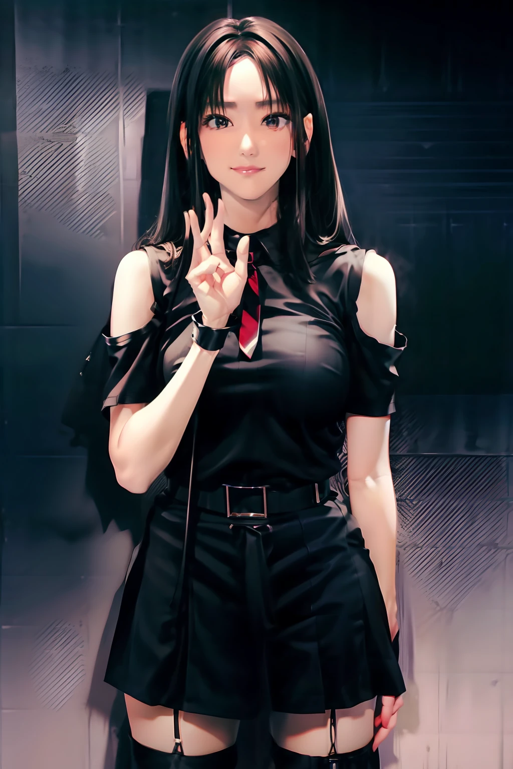 a black skirt, neck tie, Black tank top, long black hair, Gray eyes, holster, Garter belt on the legs, large full breasts, hands above your head, Moderate, Pichi Pichi clothes, both sides