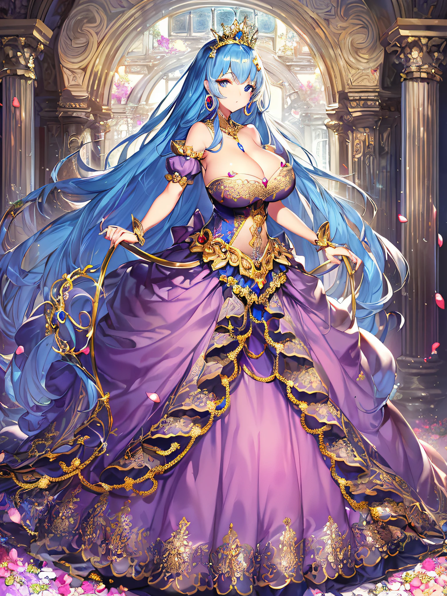 ((anime artstyle)),(Masterpiece),(Best Quality), (Super Detail),((Very Delicate and Beautiful)),(((Solo))),((full body portrait)),(((1 princess in gorgeous princess ballgown with voluminous full length hoop skirt))),((crinoline)),Long train,((standing in garden)),(gorgeous gemstone jewelry),detailed face and eyes,jewel-like eyes,((large amount of straight hair,extremely voluminous Hair,Very Long Straight Hair)),((gigantic tits,Long tits)),cleavage,extremely gorgeousfull hair ornament,((bling-bling extremely gorgeousfull jeweled tiara)),((Dynamic Angle)),Looking at viewer,,flowers,flower petals flowing,(((gorgeous princess ballgown with voluminous full length hoop skirt)))