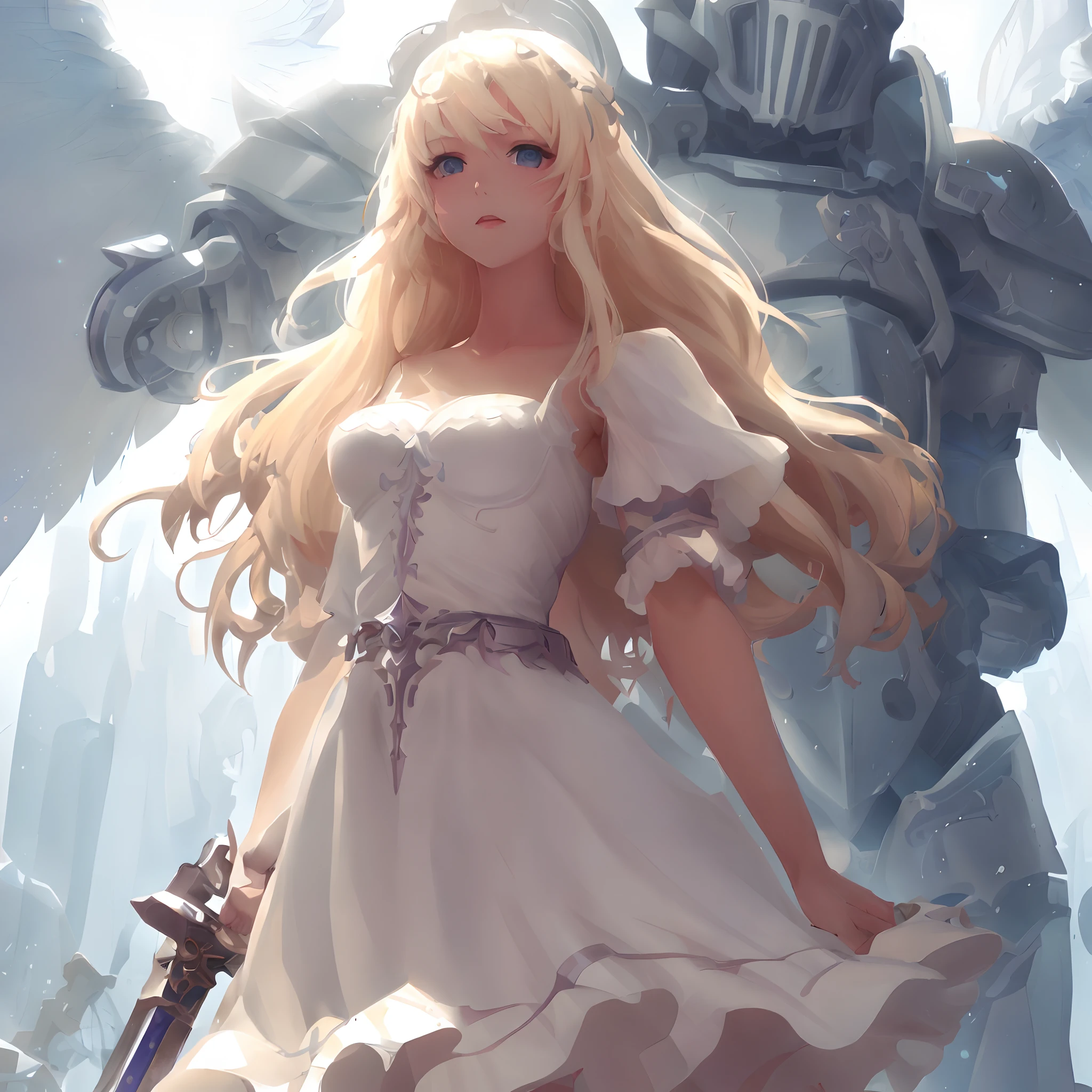 Anime girl in white dress with sword and armor on background, cushart krenz key art feminine, anime fantasy artwork, anime fantasy illustration, advanced digital anime art, blonde anime girl with long hair, epic light novel art cover, beautiful fantasy anime, guweiz on pixiv artstation, anime in fantasy style, Detailed Digital Anime Art, anime epic artwork
