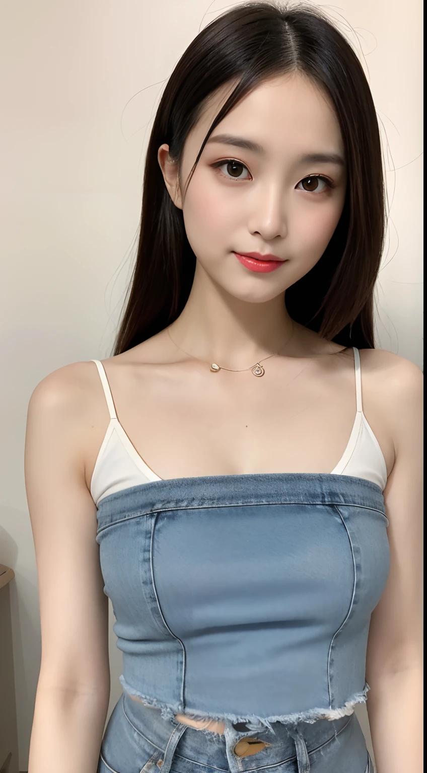Beautiful and charming woman in fashion trend, gentle and lovely Chinese beautiful woman, Big breasts, delicate sexy collarbone, charming goose egg face, Double eyelids, flexible peach blossom eyes, Pink lips, small upturned nose, Bare shoulders, Focused face, Face Close-up, The ultra -The high-definition, Super Detail, fully body photo, ultra-thin translucence, with this light blue denim skirt with beige T-shirt, gentle light color sex with white and beautiful skin, outstanding temperament, Moreover、The whole matching elastic combination is also very revealing, Sheer are visible,