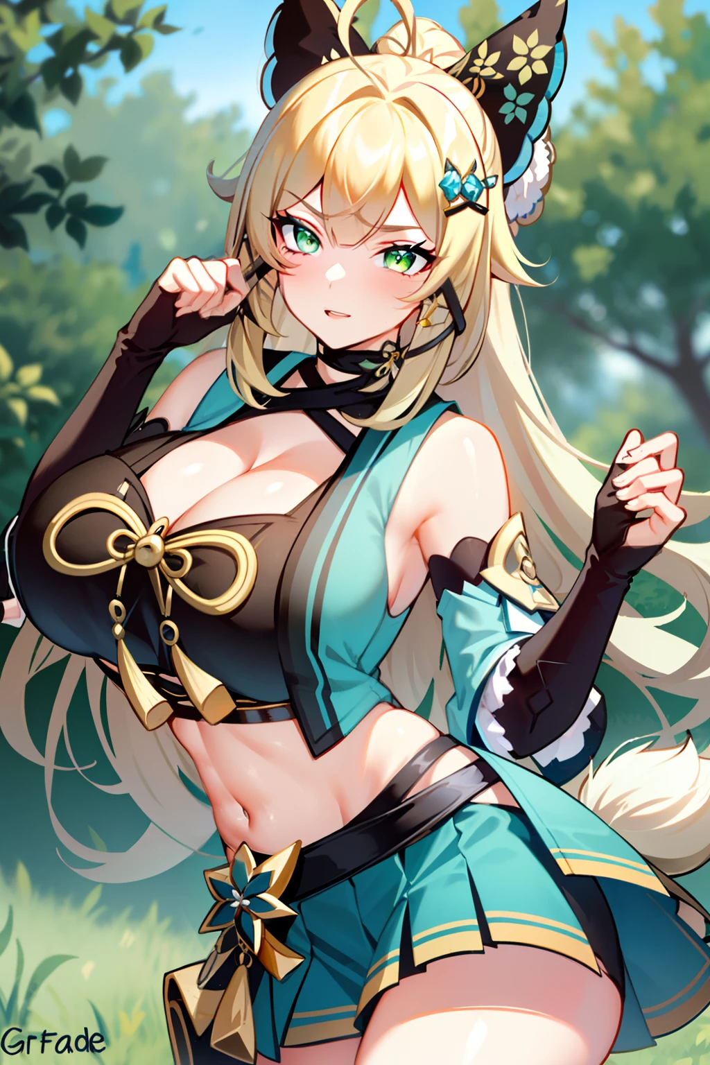 1girll， big breasts beautiful， Green eyes， Blonde 1 girl， Green eyes， ahoge， hair adornments， bare shoulders​， black crop top， nabel， Separate the sleeves， gloves on the elbow， Fingerless gloves， Tail and skirt，kiraradef，genshin impact，gigantic cleavage breasts，semi-bare，Sexy big ass，Fiddling with sexy ass，Expose sexy breasts，The kinky is exposed ，Protruding anteriorly and posteriorly