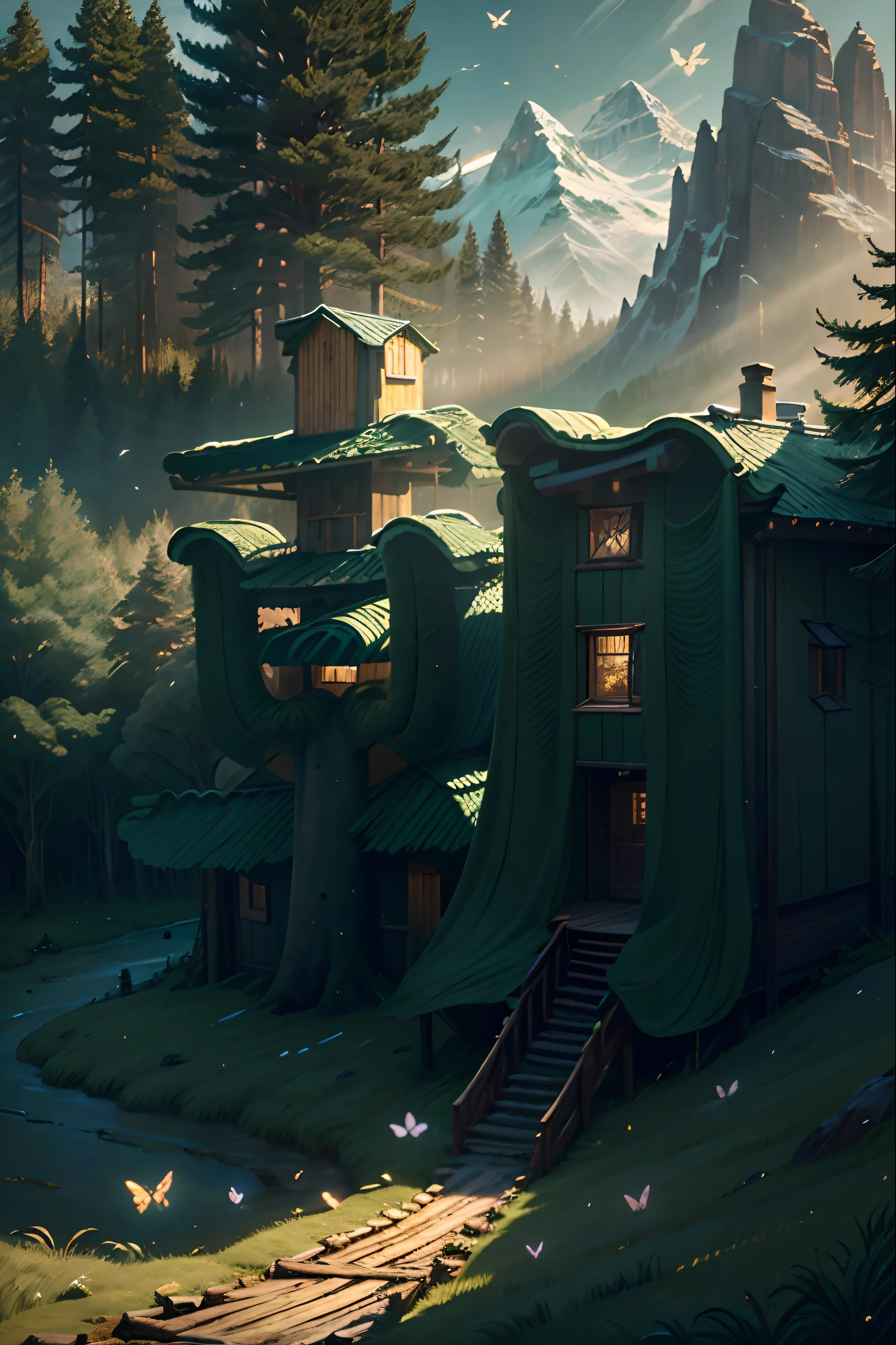 (wooden cabin),ln the forest,paths,Big mountains in the distance,Green bushes,Flying butterflies,Natural ecology,poster for,comic poster,Hyper-realistic comics,Hyper-detailing,Light and shadow,4k画质