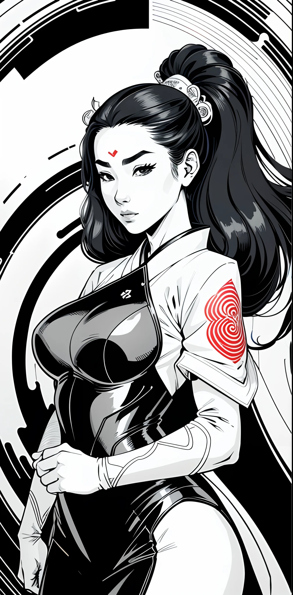(comic style), (colored line art:1.5), (1girl:1.3), ((black and white)), hanfu, geisha, ((zen)), (masterpiece, top quality, best quality), extreme detailed background, good composition, good anatomy, perfect lighting, good shading, zen calligraphy, (realistic:1.3),