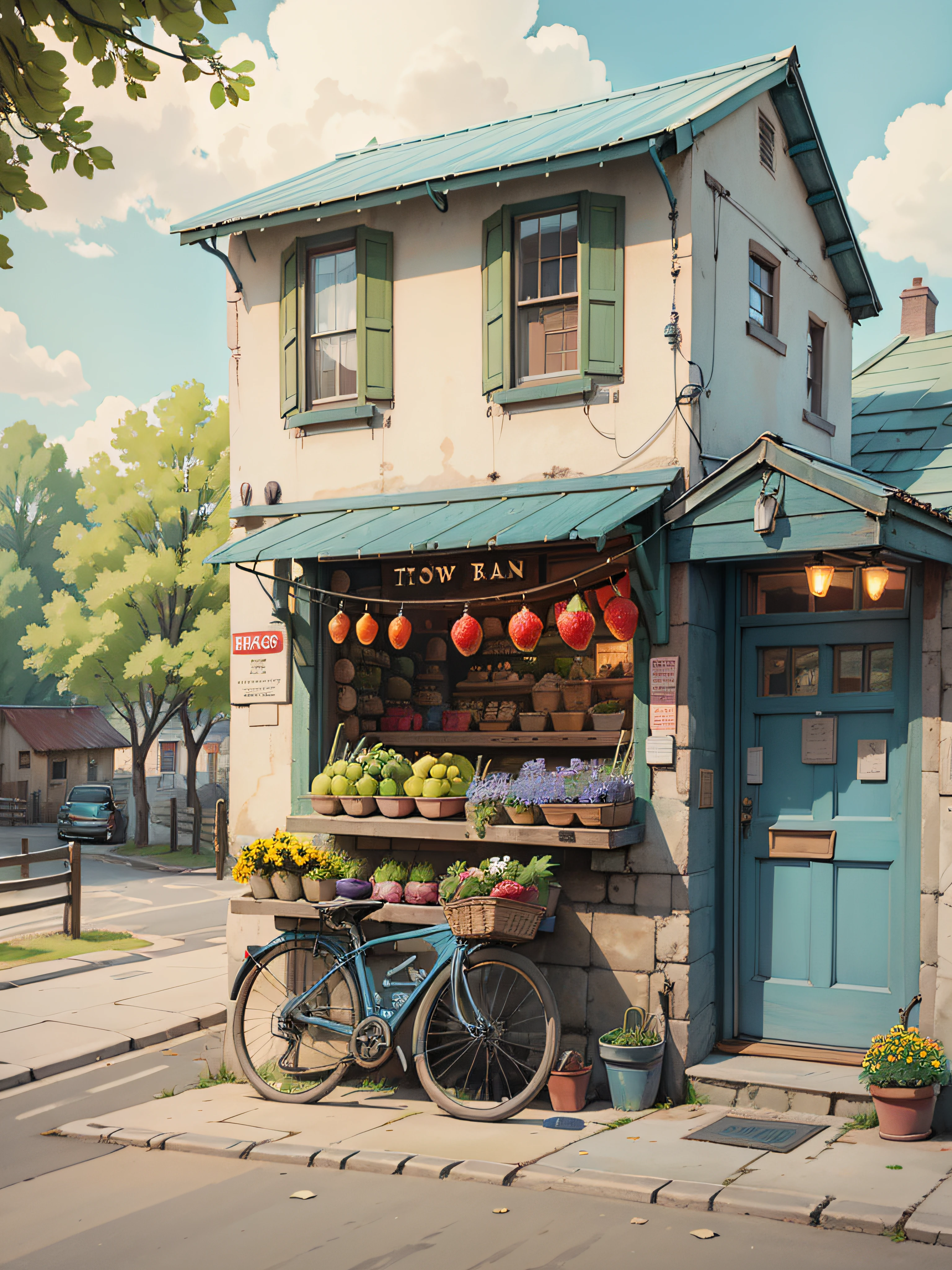 No Man，Town，In the alley，flagstone road，There are shops on both sides of the road，The front door of the store is full of goods，There was a fruit stand in front of the door，A bicycle parked，blue-sky，ponds，fruit trees，fresh flowers，potted，