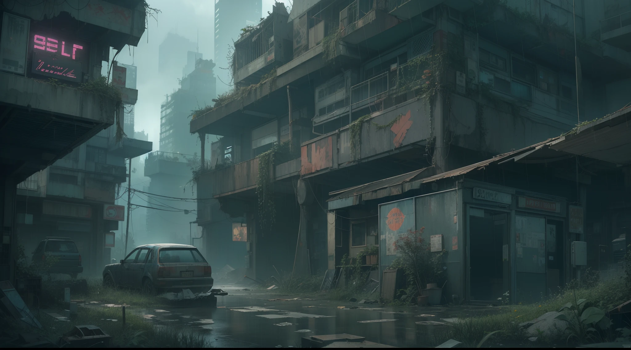 "Abandoned cyberpunk cityscape with a post-apocalyptic touch, overgrown with wild plants and broken machines, enveloped in fog and a dark atmosphere, amidst a gentle rain."