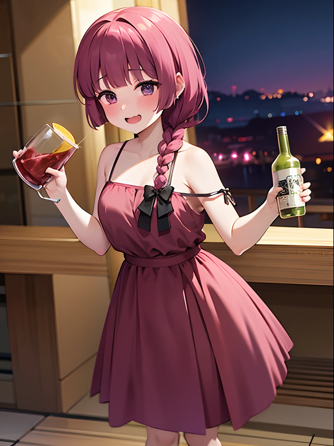 dark pink hair, braided ponytail, bangs, long green dress, strap slip, bare shoulders, black ribbon, blushing, standing, opened mouth, feel drunk, drunk girl, looking at viewer, scenery, standing, drinking, alcohol, bottle,, anirl, best quality, ultra high res, fullbody, holding alcohol bottle, nightclub, drunk