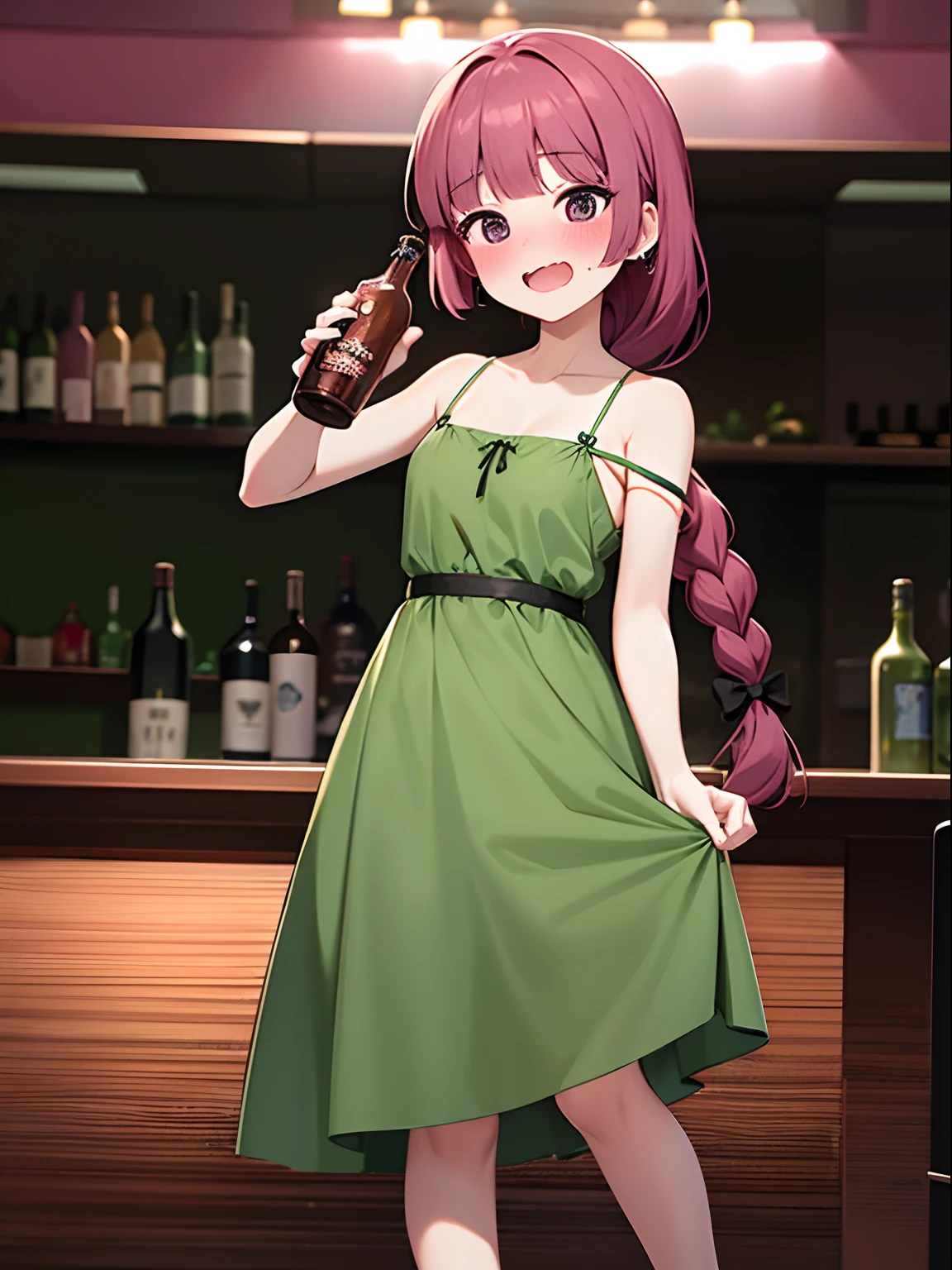 dark pink hair, braided ponytail, bangs, long green dress, strap slip, bare shoulders, black ribbon, blushing, standing, opened mouth, feel drunk, drunk girl, looking at viewer, scenery, standing, drinking, alcohol, bottle,, anirl, best quality, ultra high res, fullbody, holding alcohol bottle, nightclub, drunk