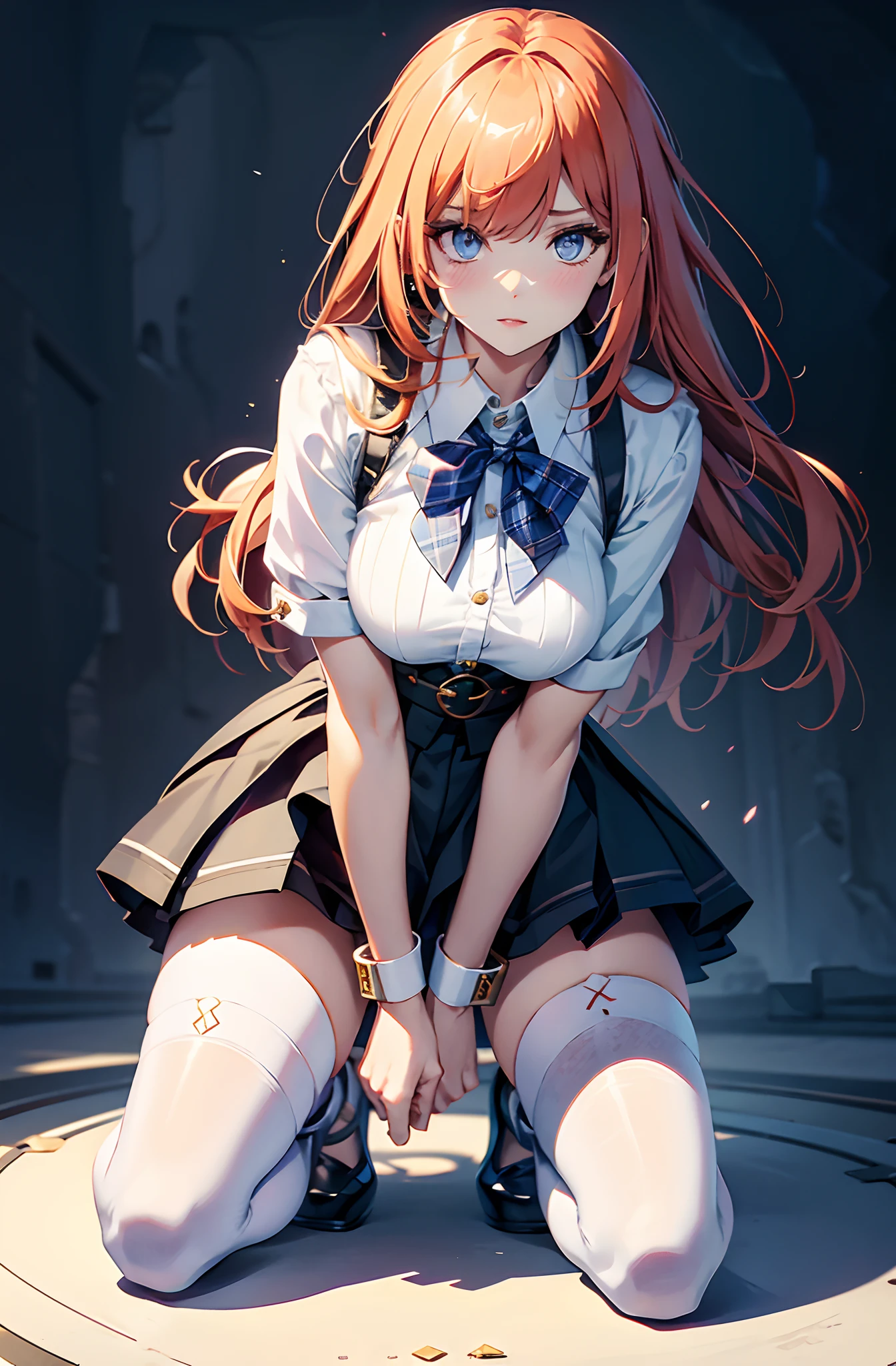 ,crouching squatting,raise one's knees,knees to chest,{{Grit your teeth:1.4}},{{cardfight:1.6}},Hold up a futuristic card.{{hold down one's stomach with one's hands:1.6}},stand pain well,{{Grit your teeth:1.4}},one eye closed,{{{Cyberpunk style}},from below,dutch angle,{{masterpiece}}, {{{Highest quality}}},{{Very detailed}},{{Female futuristic card duelist with model body}},{{standing on one knee:1.6}}{{knee up:1.6}},{{Model-like body type:1.6}},{{Cyberpunk style card duelist}},{{critical situation:1.6}},{{cardfighting stance:1.6}},Beautiful thighs,1girl,30years old,{Mature Woman}},{{Very slender legs:1.4}},skinny,Very thin legs,White high socks,{{Blue mini skirt:1.2}},White long-sleeved blouse,BLUE fingerless gloves,holster,{{Grit your teeth:1.4}},,{{v-shaped eyebrows}},Bad mood,blush,Sweat,raise one's eyebrows ,{{}}、straight hair,{long red hair }},blunt bangs.abdominal pain ,{{pain}}, ,Inside the stadium