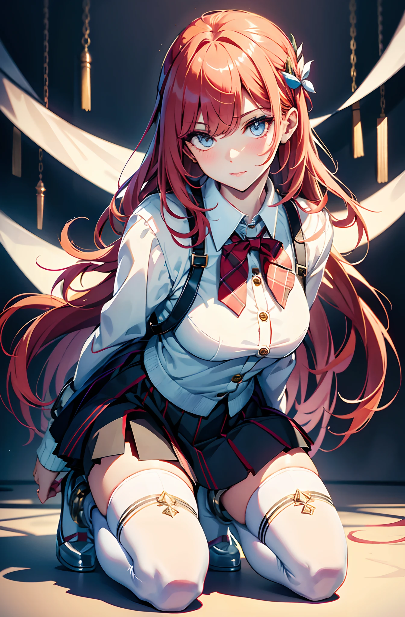 best qualityer,tmasterpiece,Ultimate resolution,downy,Extremely colorful,mature pretty woman,(JK school uniform),neck bowtie,plaid skirts,(Beauty severed head),Normal posture,Redlip,Collar,Kneeling pose,(Point at you with your ass),shackle,behead,guillotine,behead,Collar,handcuff,Anklets,(white stockings),Mary Jane shoes,Normal posture
