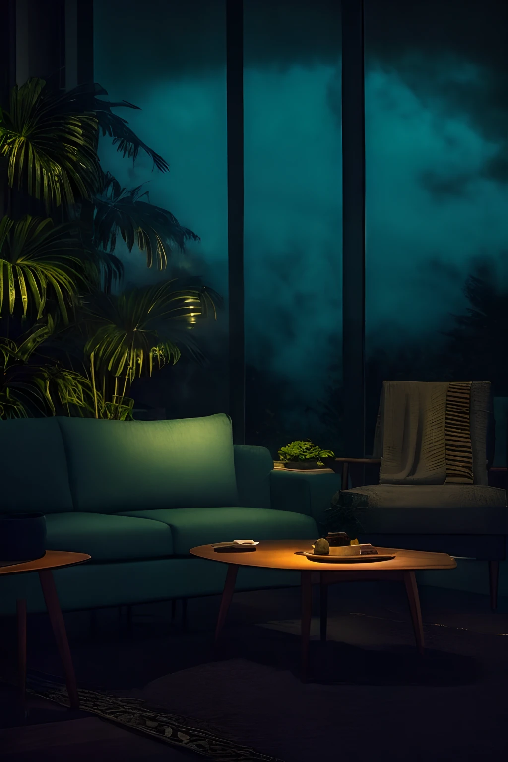 midcentury modern living room dimly lit with dark rainy evening outside, (foggy rainy evening:1.2), pacific northwest, (dim lighting:1.4), (moody lighting:1.2), plants, large plants, rainy, monstera, many plants, (foggy windows:1.2), masterpiece, best quality, twilight hour, (nighttime:1.4), rainy evening, after sunset, dark sky, dark night, dark theme,
