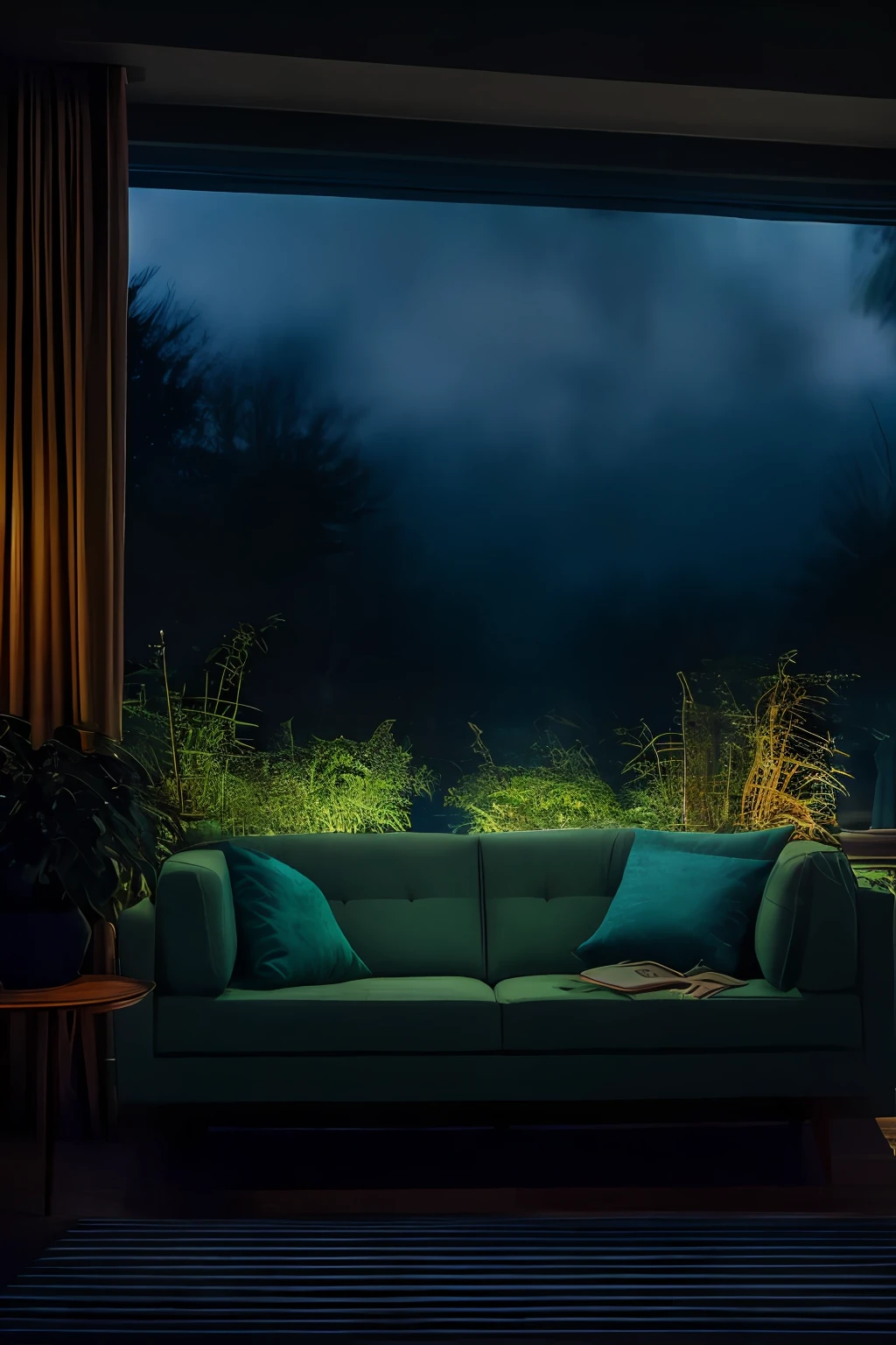 midcentury modern living room dimly lit with dark rainy evening outside, (foggy rainy evening:1.2), pacific northwest, (dim lighting:1.4), (moody lighting:1.2), plants, large plants, rainy, monstera, many plants, (foggy windows:1.2), masterpiece, best quality, twilight hour, (nighttime:1.4), rainy evening, after sunset, dark sky, dark night, dark theme,