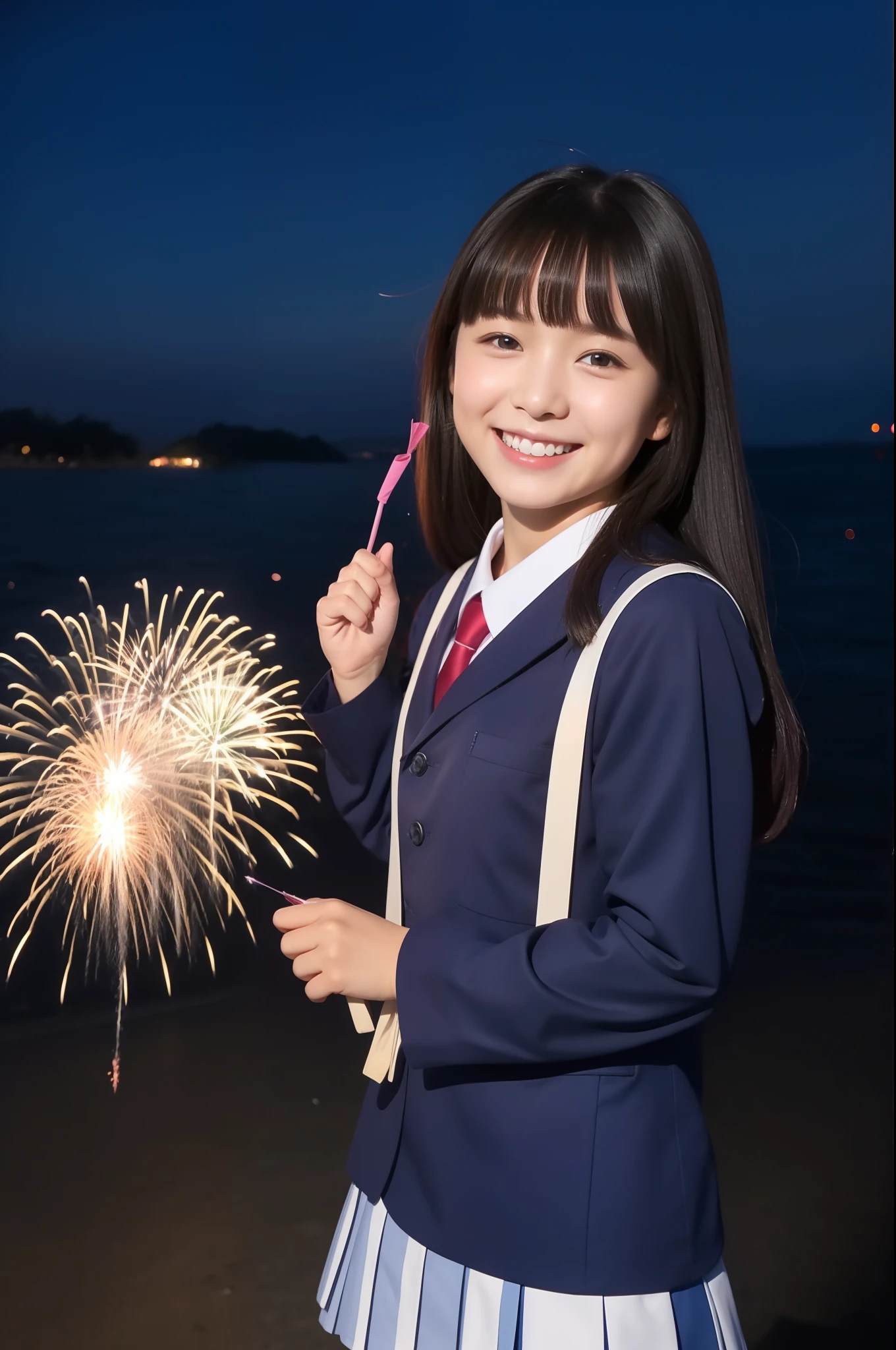 A smile、hi-school girl、校服、While doing fireworks、mare