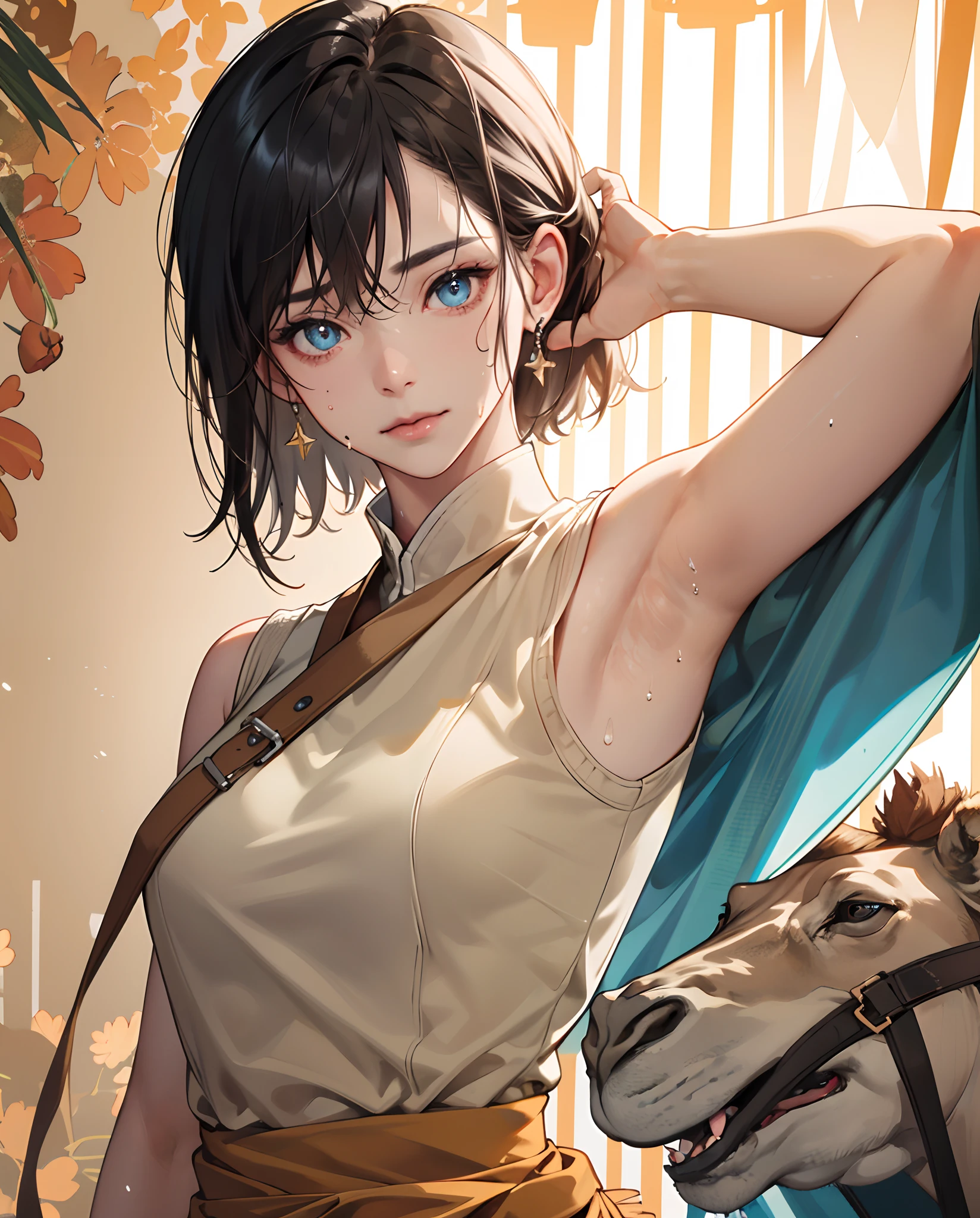 (Ultra Real), (Illustration), (High Definition), (8K), (High Definition), (Best Illustration), (Beautiful Detailed Eyes), (Best Quality), (Ultra Detail), (Master Masterpiece), (Wallpaper), (Detailed Face),Sweaty,Upper Body Up,Armpits,Short Hair,Sleeveless Sweater Alone, Japan persons, Lower breasts, (Camel toe)