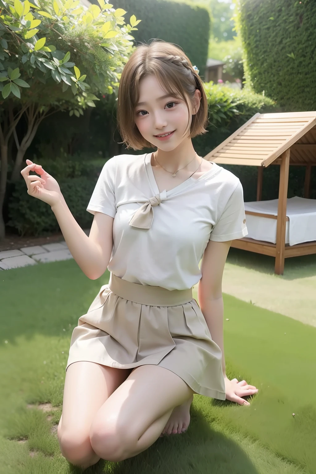 Photo Real、photoRealstic Beige hair、Short hair、Decorated hair、Tied hair The contours of the face are round、drooing eyes、big eye、Young Face、a baby face、child-faced、a small face T-shirt with photo、T-shirt with photo、shortsleeves、skirt by the、Put a towel around your neck、Dressed up、Fancy colors japanes、18year old、Small body、young body、skinny body Unique Pose、free pose、Facial expressions to enjoy、Laughing expression、full body Esbian、Mass sweat Background with、Lots of people、Crowded squares、summertime、Sunshine、Outdoor Fes、Summer Fes、artificial grass、lawn