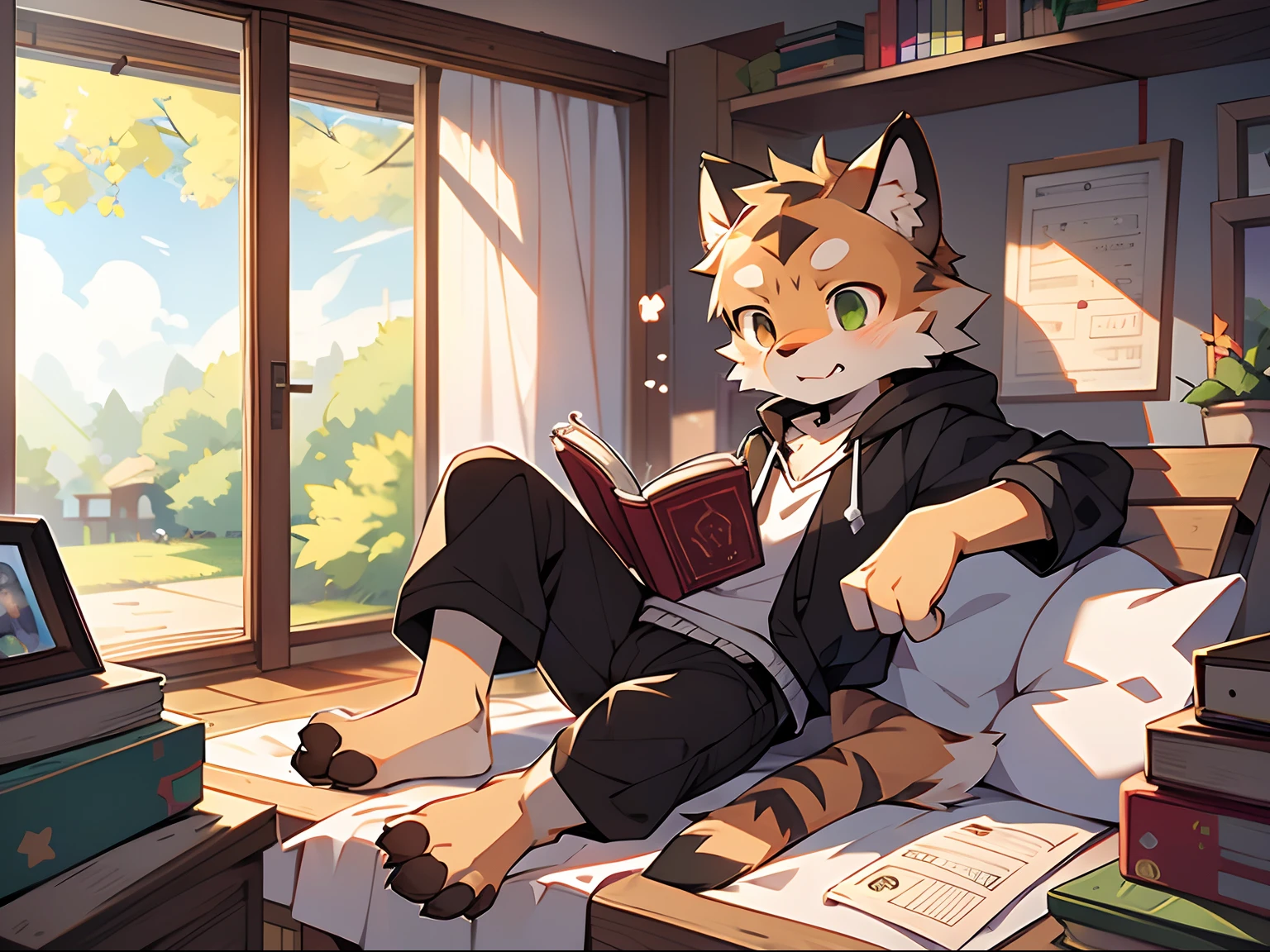 author：Jrjresq, author：Kirito,Masterpiece, Best quality, Perfect anatomy, author：K0bit0wani, author：Milk Tiger 1145, (author：Dekkers:0.3), Furry, coyote, Solo, Male, baggy clothes, Open clothes, Eau, Abs, holding book, Detailed background, music sheets, Leaning back, Butterfly, Grass，（Shota，Libido boy）
