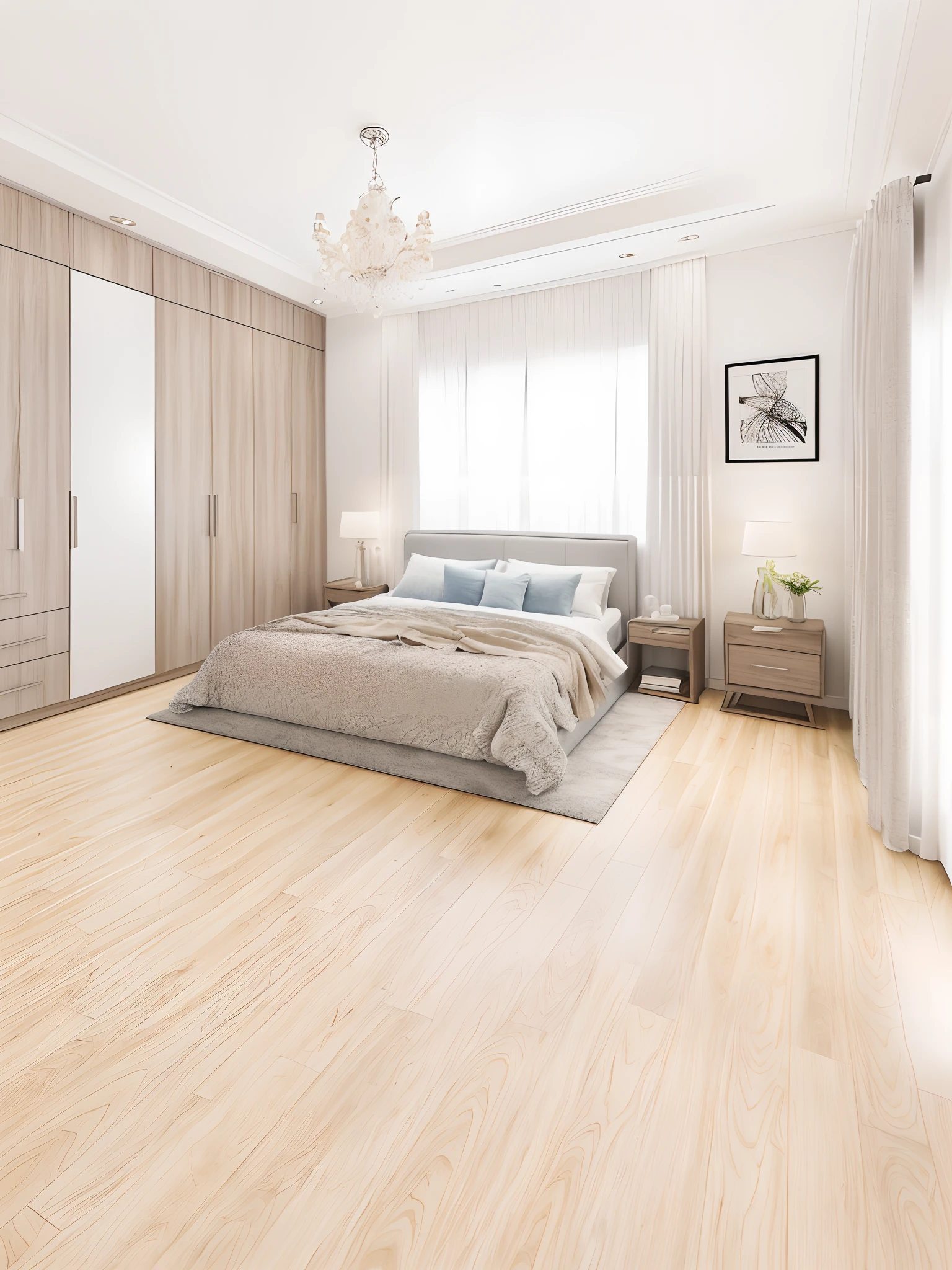 morden bedroom design, cream tones, 1 bed, 1 bedside table, 1 night light, bedside cabinet, 1 makeup drawer, 1 floor carpet  blue, (wood floor:1.3) , leveled plaster ceiling with moldings , 1 gray curtain with glass wall, luxurious, elegant, surreal, 8k resolution, render vray, rendered by unreal engineer 8k, best quality, super product, masterpiece, super detailed, extremely detailed