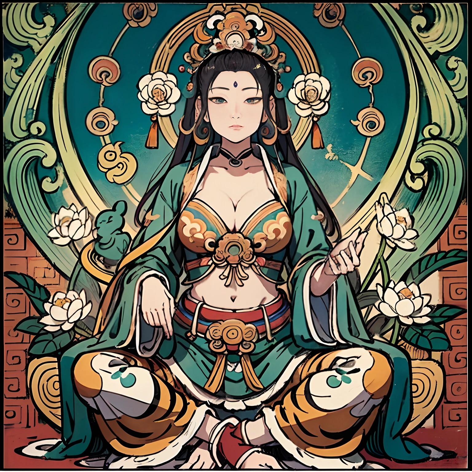 an ancient Chinese goddess, guanyin of the southern seas, Guanyin, Inspired by India, Avalokiteshvara Bodhisattva Tiger,,Serene expression,shui mo hua,Buddha,Buddhist,Lotus,Chinese painting style,Thangka style