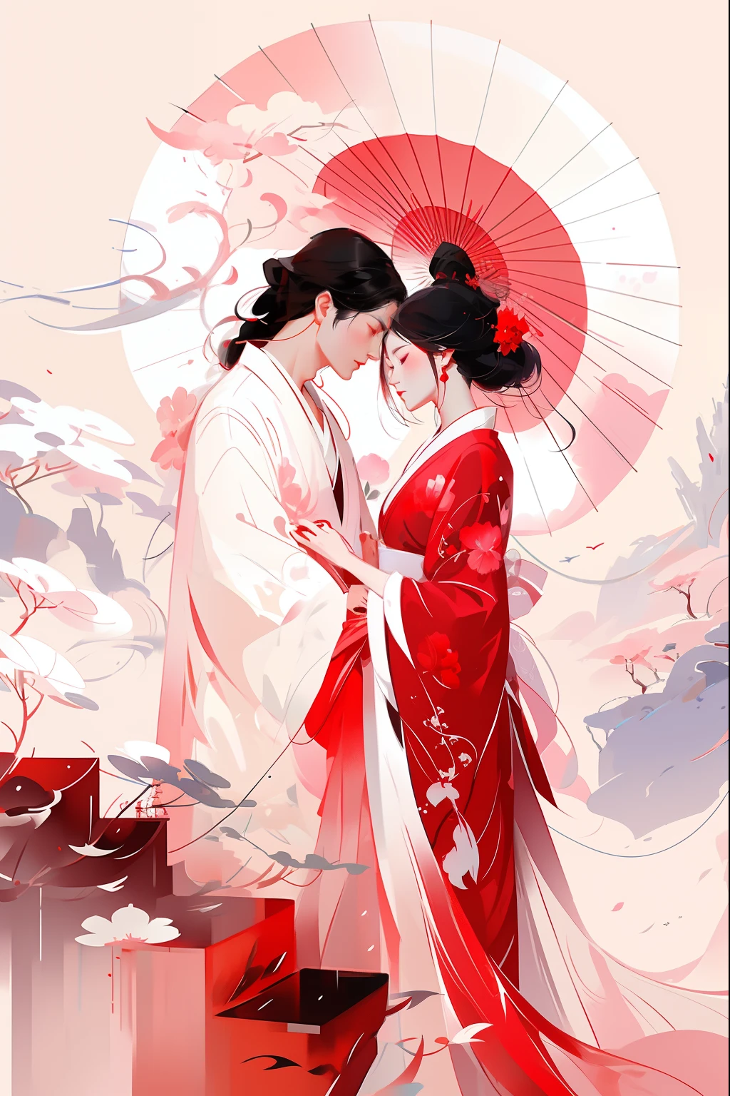 anime couple in kimono dress, nice face, perfect body, kissing under umbrellas, in front of red and white background, guweiz on pixiv artstation, guweiz, krenz cushart and wenjun lin, guweiz on artstation pixiv, artwork in the style of guweiz, flowing white robes, ross tran and bayard wu, onmyoji detailed art