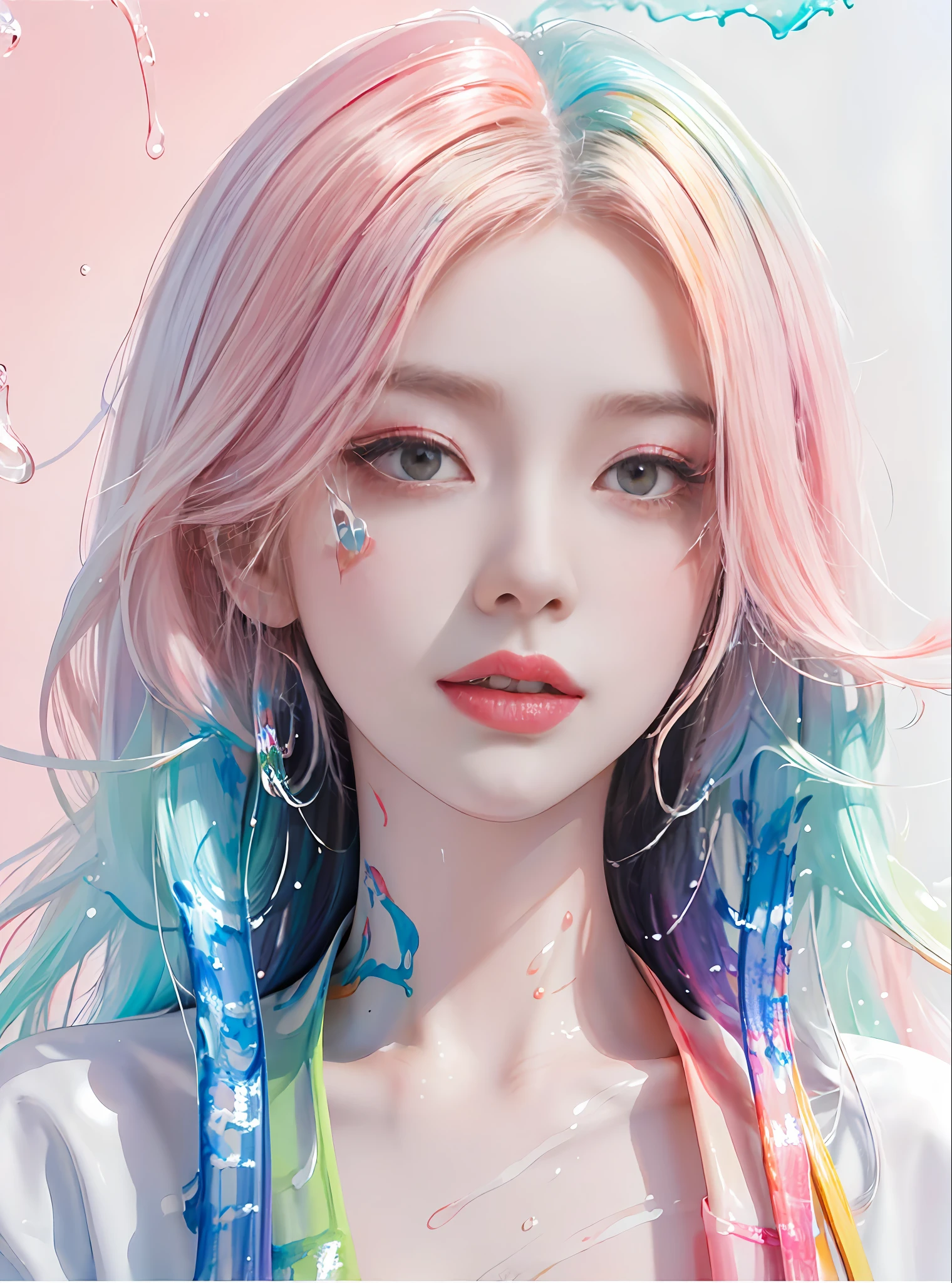 (Masterpiece, Best Quality, High Resolution), White Background, ((Paint Splash, Color Splash, Splash of Ink, Color Splash)),, Sweet Chinese Girl, Rainbow Hair, Peach Lips, Front, Upper Body