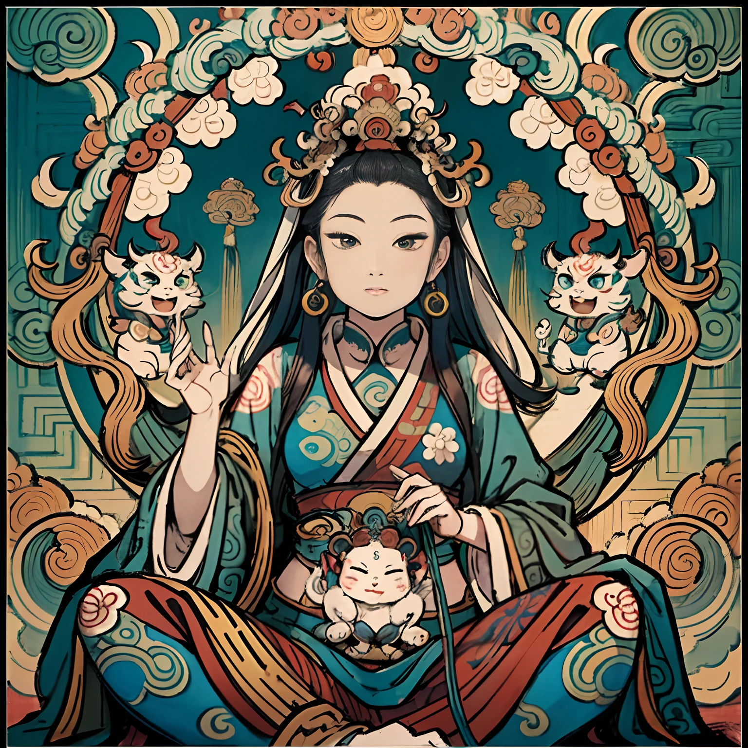 an ancient Chinese goddess, guanyin of the southern seas, Guanyin, Inspired by India, Avalokiteshvara rides a lion，,Serene expression,shui mo hua,Buddha,Buddhist,Lotus,Chinese painting style,Thangka style