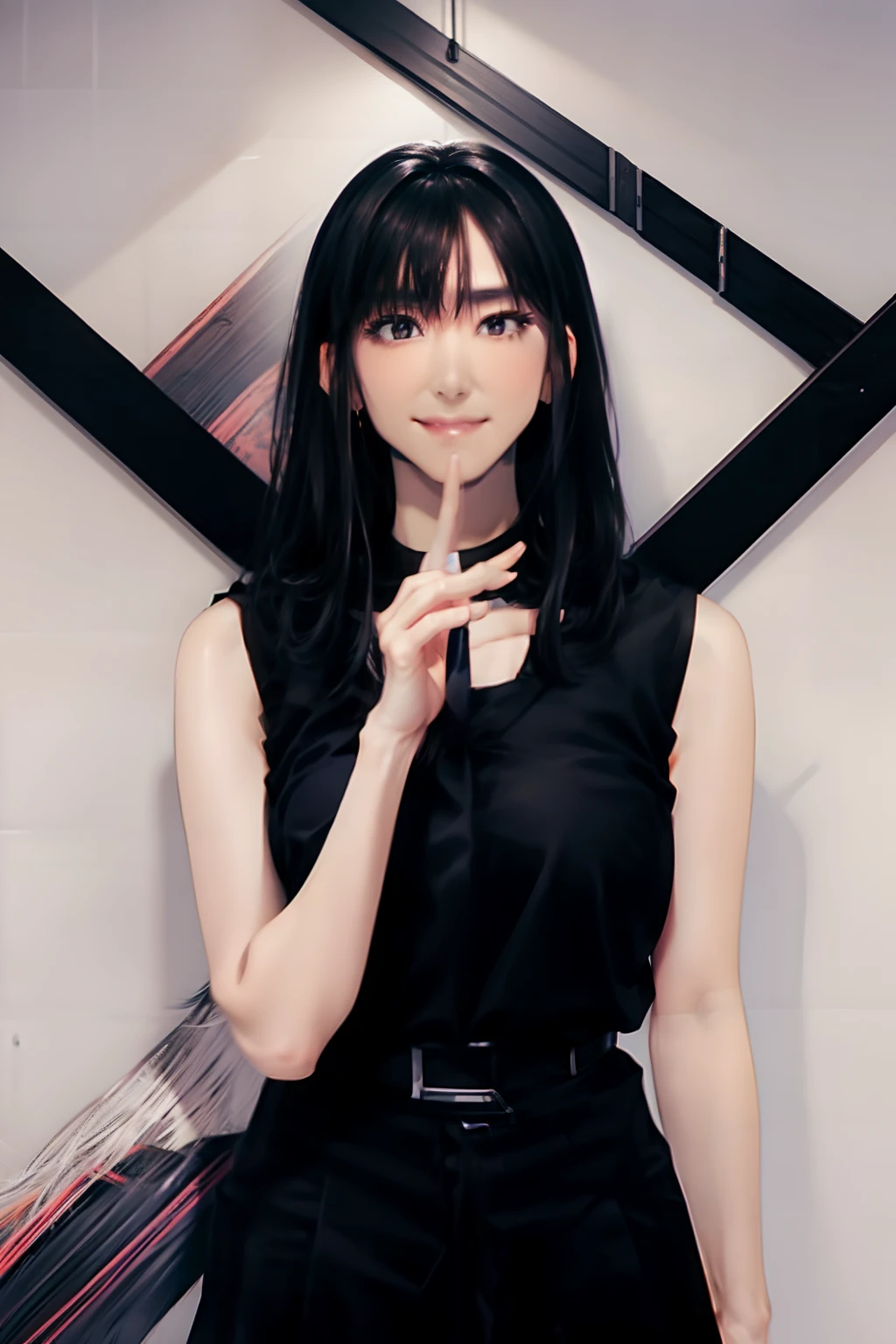 a black skirt, neck tie, Black tank top, long black hair, Gray eyes, holster, Garter belt on the legs, large full breasts, hands above your head, Moderate, Pichi Pichi clothes, both sides