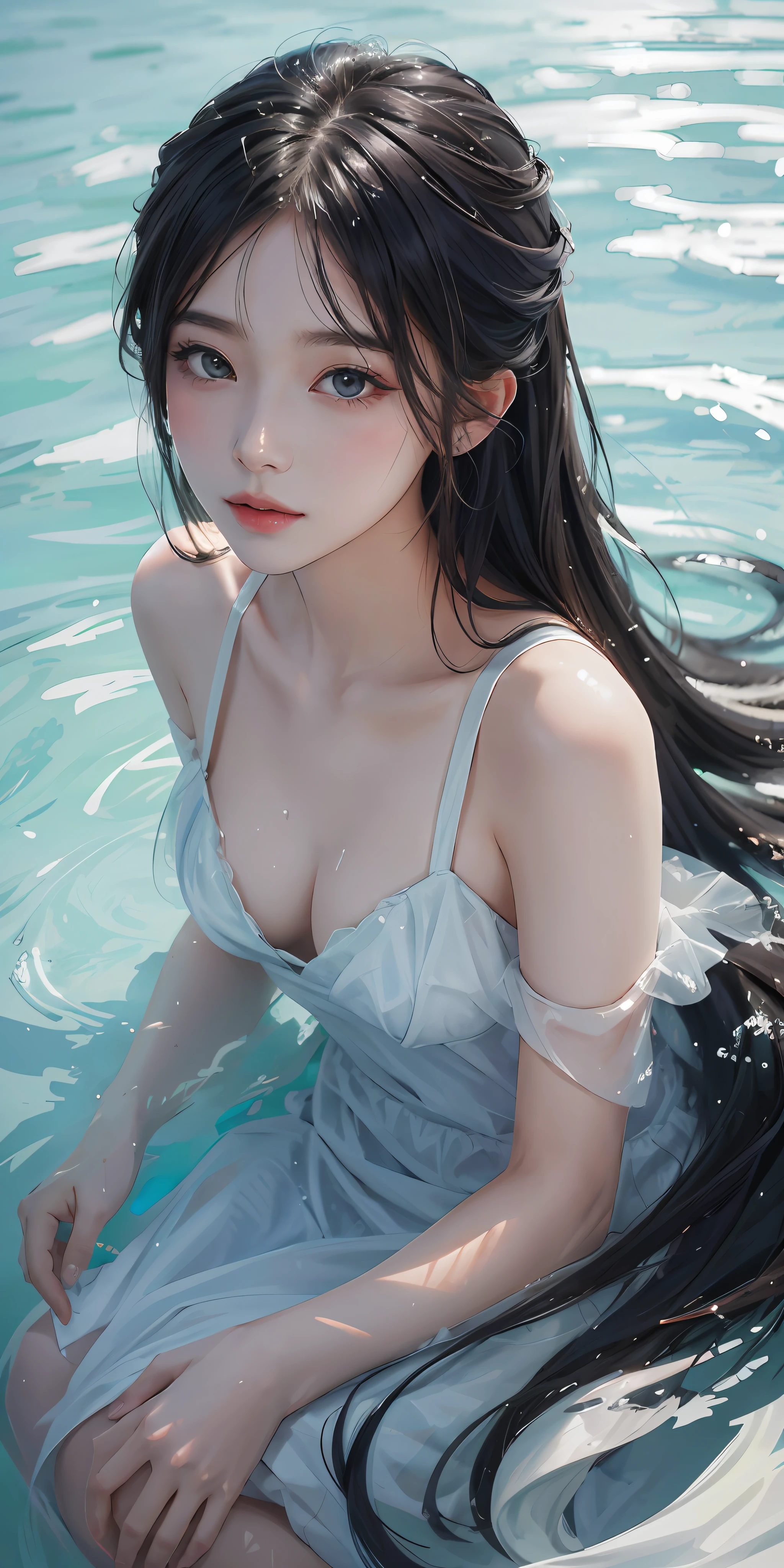 Best Quality, Masterpiece, Ultra High Resolution, (Realism: 1.4), Original Photo, Cold Light, Water Under a Woman in White Dress, Full Body Photo, Wallpaper Anime Blue Water, Gouviz Style Artwork, Close-up Fantasy with Water Magic, By Yang J, Guvitz, Beautiful Artwork Illustration, Water Nymph, Beautiful Digital Artwork, Beautiful Digital Illustration, Li Song, Beautiful Anime Portrait, Art Style in Bovoort