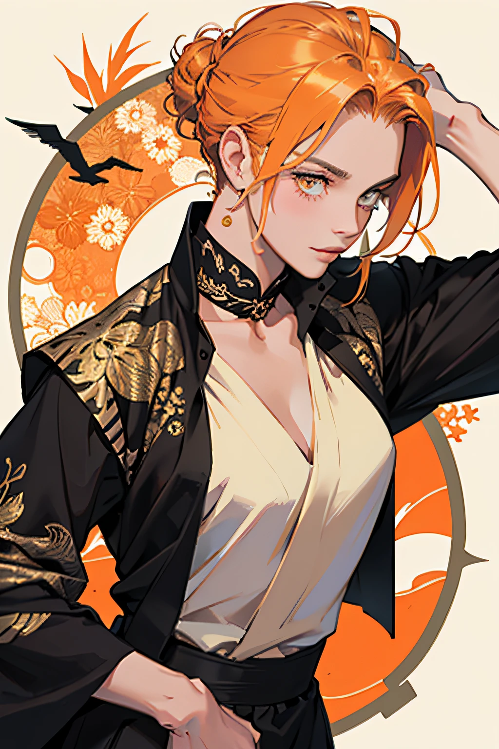 Realistis,(tmasterpiece,top Quority,best qualtiy,offcial art,Beauty and aesthetics:1.2),extremely detaile,s fractal art,rich colourful,highest details,Zen Buddhism,(abstract backgrounds:1.3)
(1girll:1.3), (gold birds),
orange color hair,eyes with brightness,hair slicked back,short detailed hair,black toga,