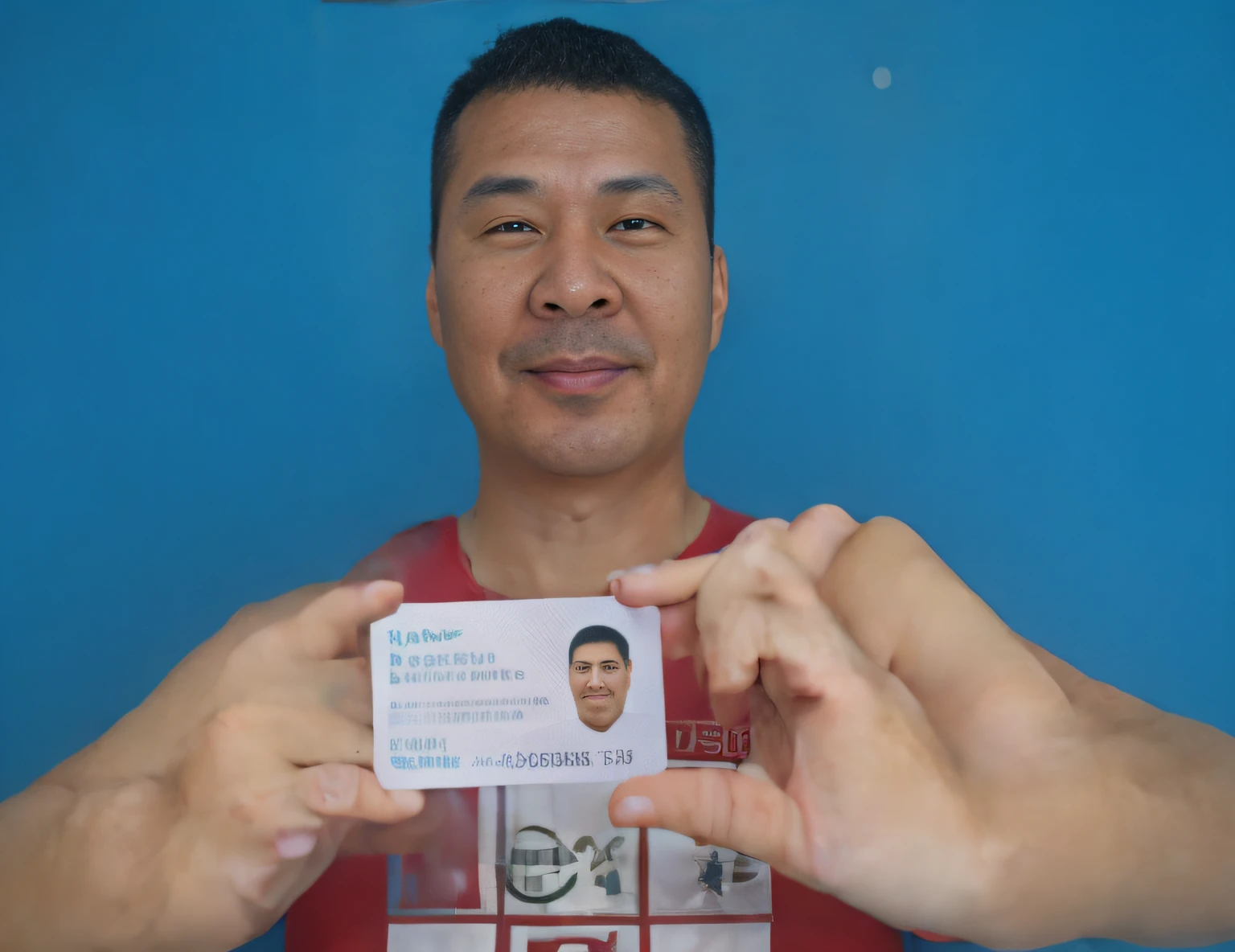 A middle-aged man，Holding an ID card with one hand，self-shot，