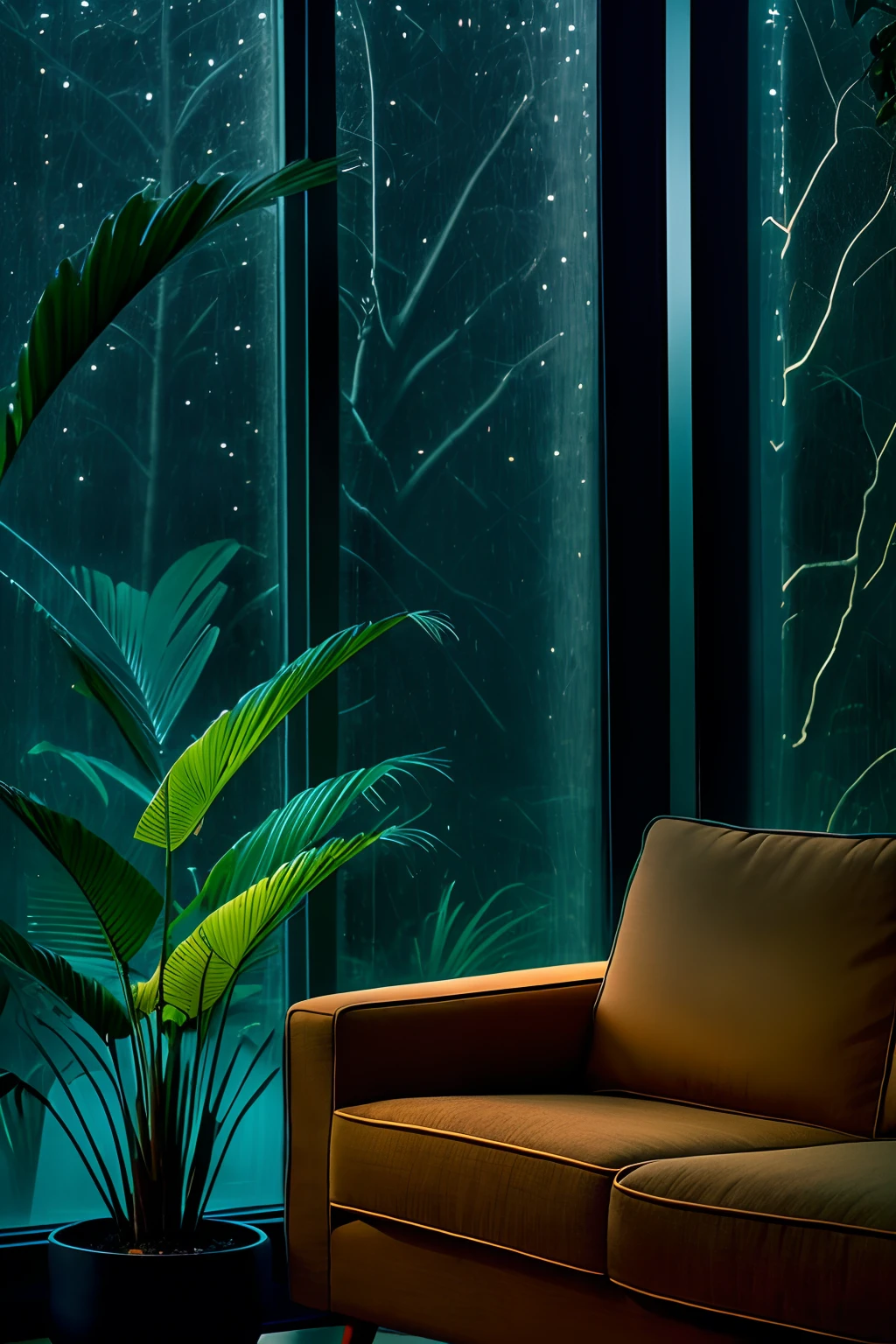 midcentury modern living room dimly lit with dark rainy evening outside, (foggy rainy evening:1.2), pacific northwest, (dim lighting:1.4), (moody lighting:1.2), plants, large plants, rainy, monstera, many plants, (foggy windows:1.2), masterpiece, best quality, twilight hour, (nighttime:1.4), rainy evening, after sunset, dark sky, dark night, dark theme,